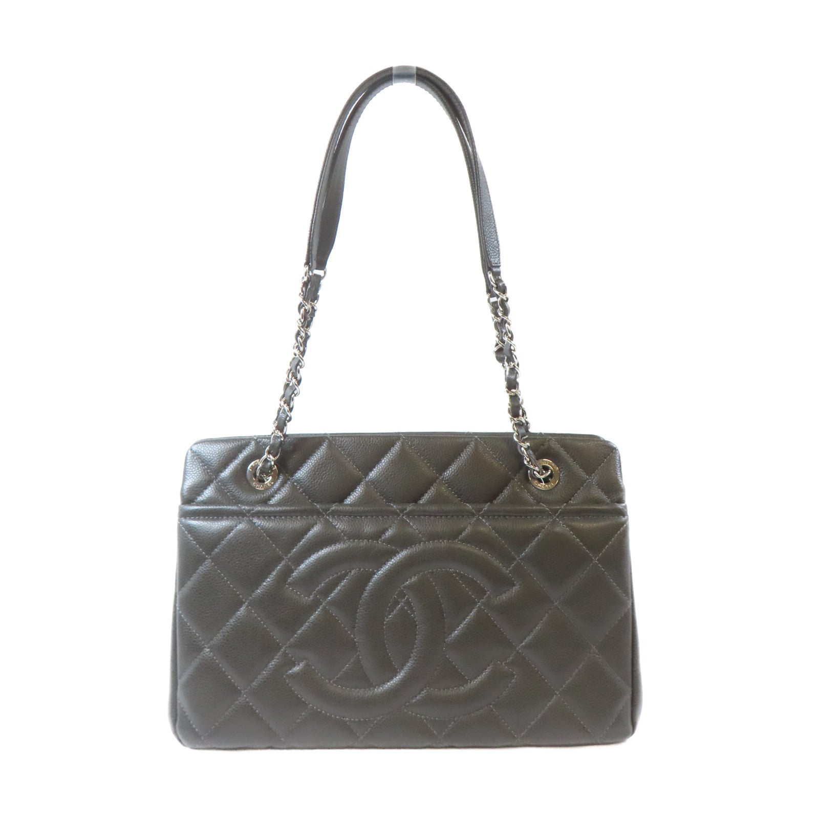CHANEL 【激減優惠】菱格牛皮皮革Chain Shoulder Bag銀扣鏈帶肩背袋灰褐色