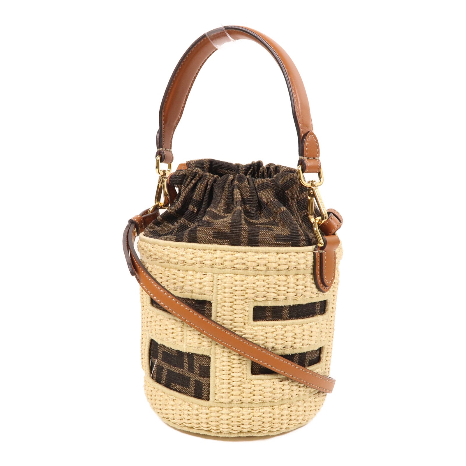 FENDI Raffia/帆布Step Out Bucket金扣手挽肩背兩用袋