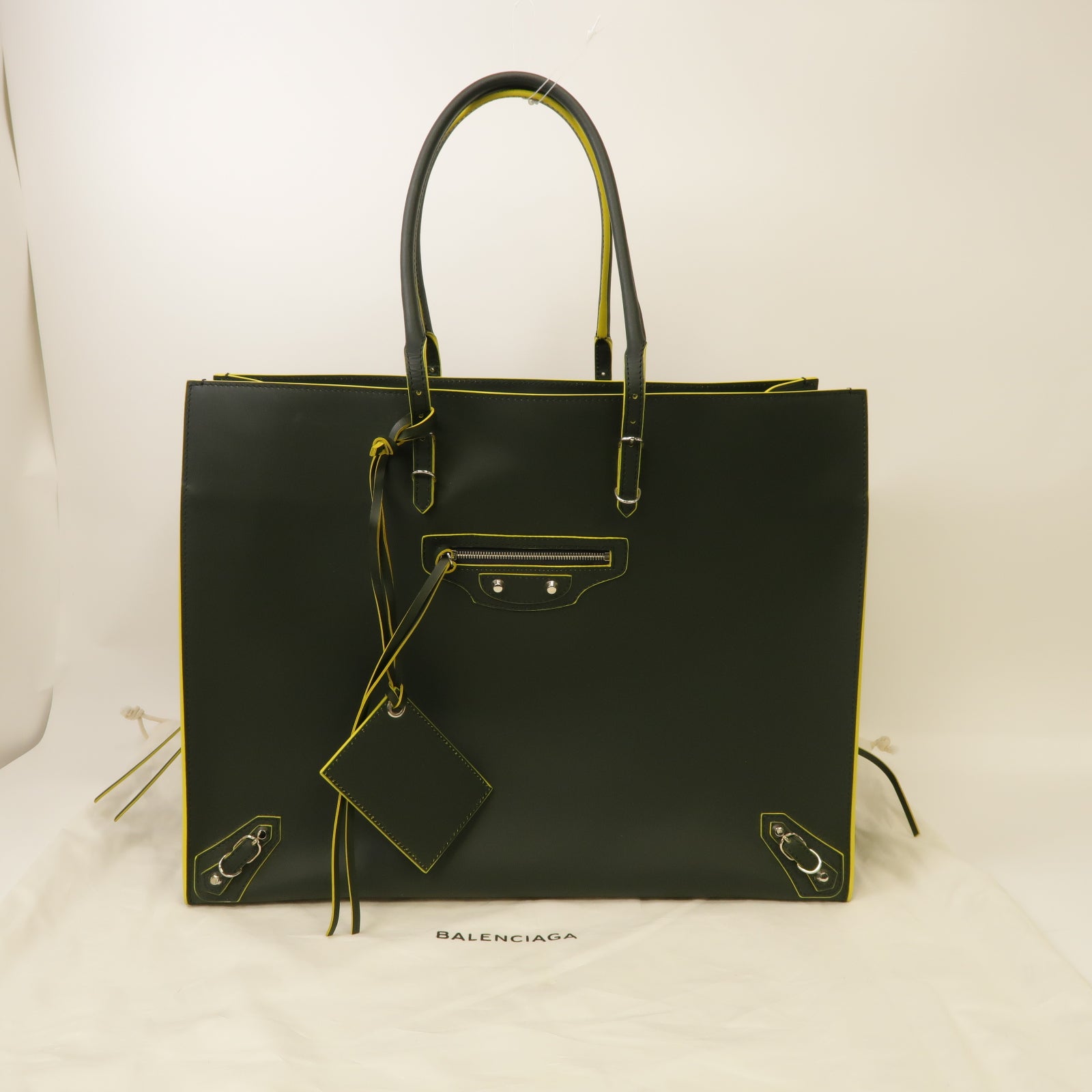 BALENCIAGA 【激減優惠】牛皮皮革Papier A4銀扣手挽袋深綠色/黃色