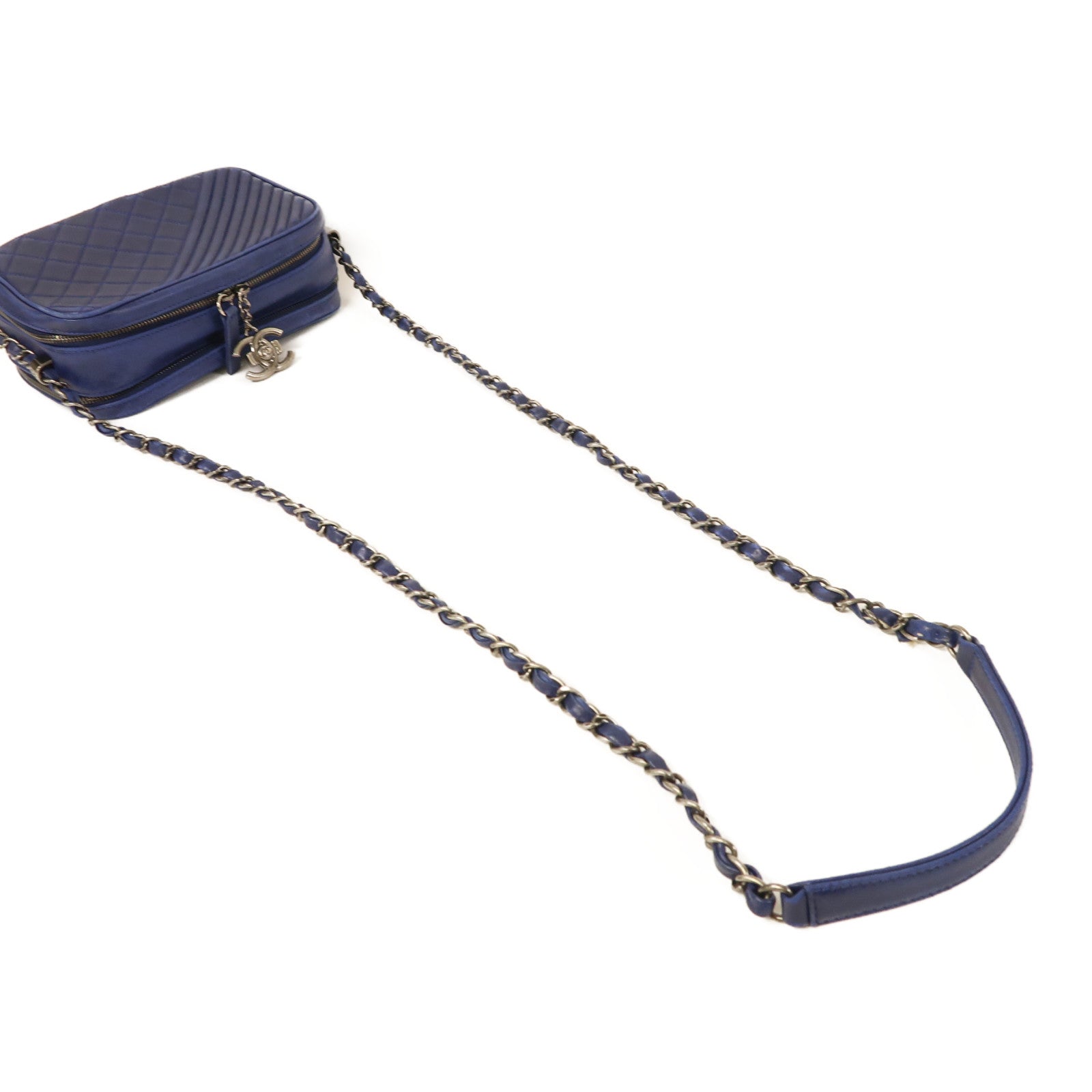 CHANEL 牛皮皮革Chain Shoulder銀扣鏈帶肩背袋藍色