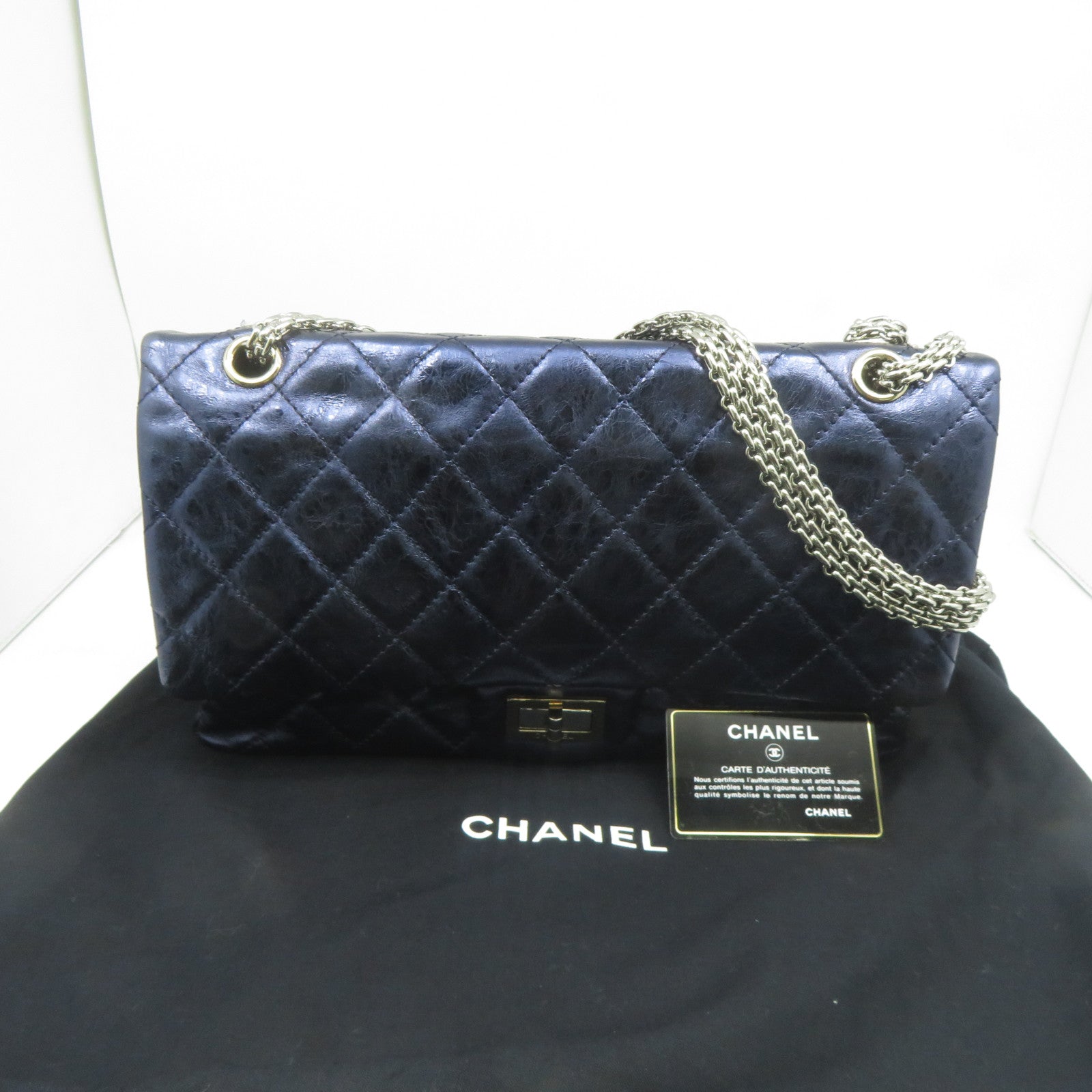 CHANEL **【清倉大減價】菱格牛皮皮革2.55 Chain Shoulder銀扣鏈帶肩背袋藍色