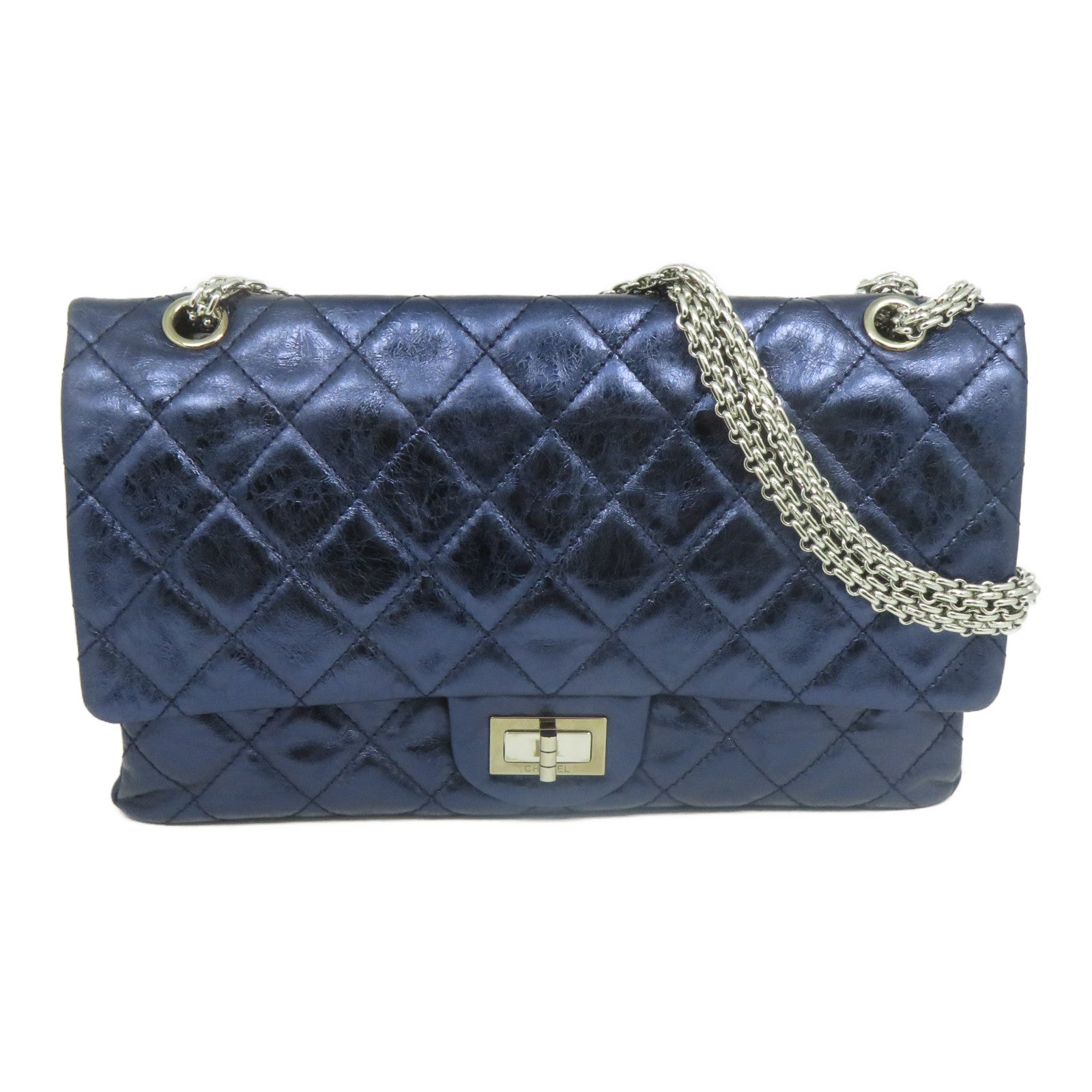 CHANEL **【清倉大減價】菱格牛皮皮革2.55 Chain Shoulder銀扣鏈帶肩背袋藍色