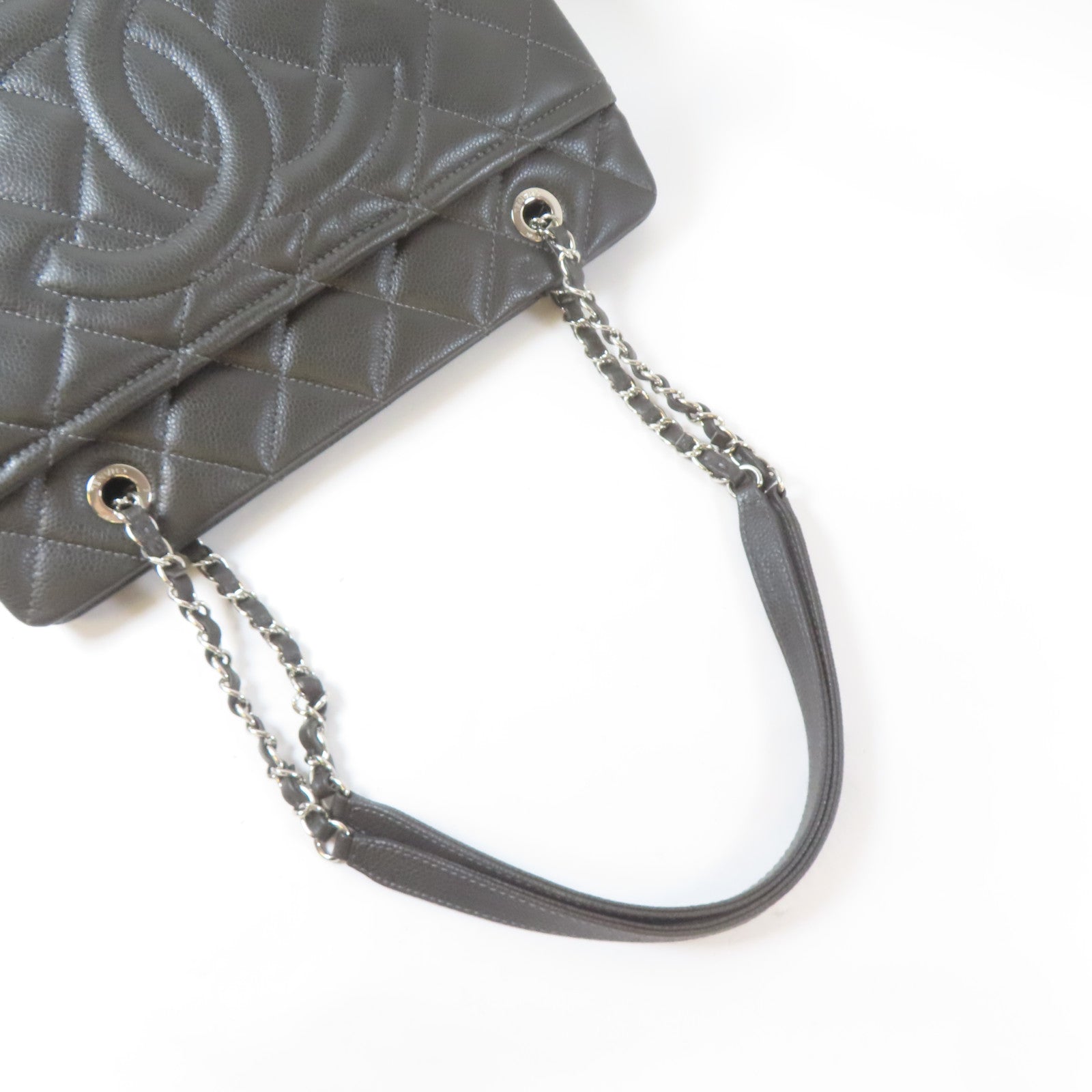 CHANEL 【激減優惠】菱格牛皮皮革Chain Shoulder Bag銀扣鏈帶肩背袋灰褐色
