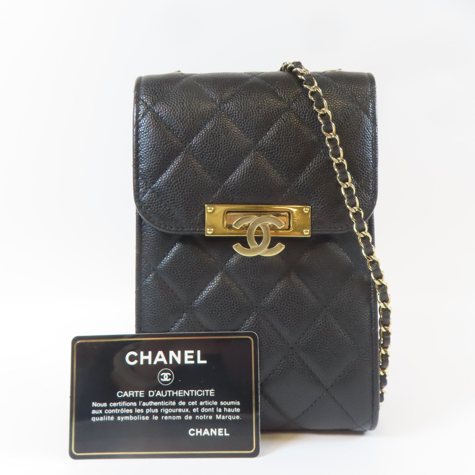 CHANEL 菱格Caviar皮革Chain Shoulder金扣鏈帶肩背袋黑色