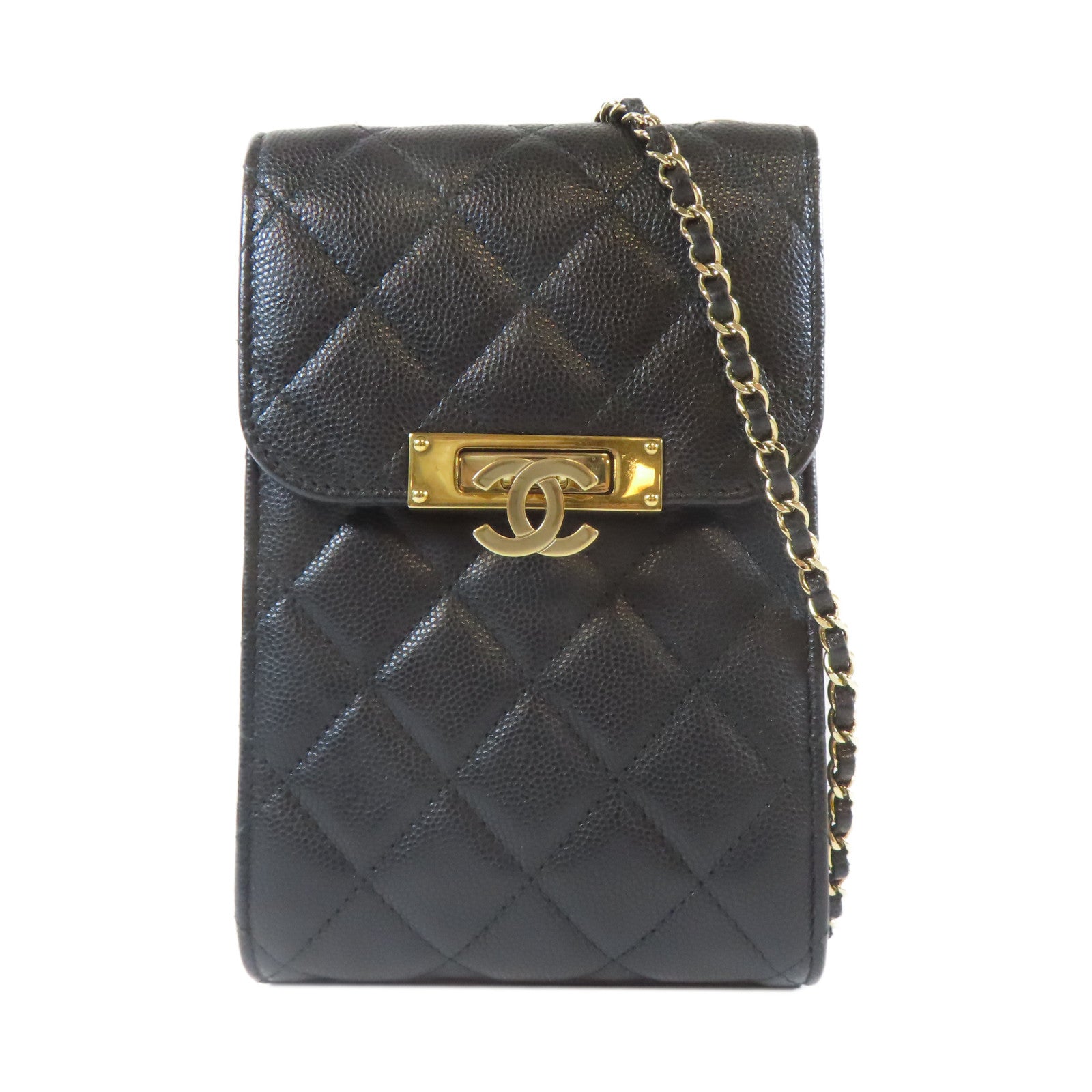CHANEL 菱格Caviar皮革Chain Shoulder金扣鏈帶肩背袋黑色
