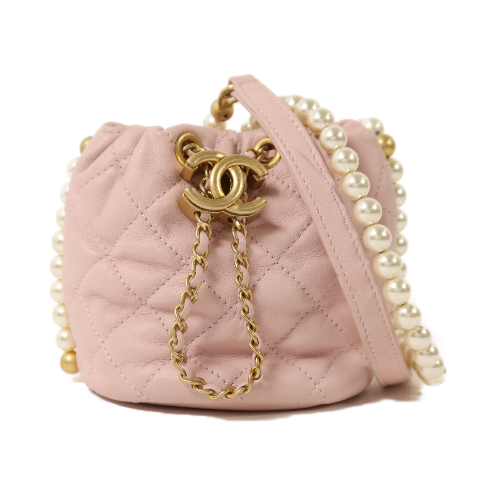CHANEL 【激減優惠】羊皮皮革Bucket Pearl Bag金扣肩背袋