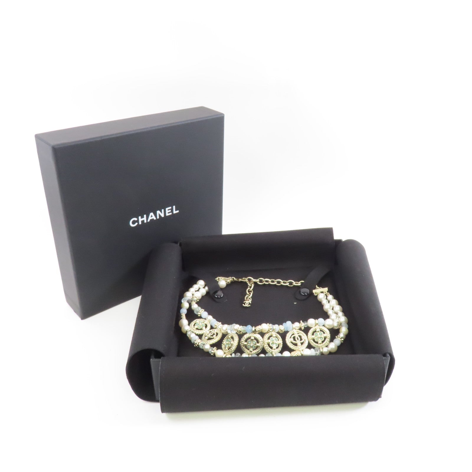 CHANEL 金屬Blue Pearl Choker Necklace項鍊白色/藍色/金色