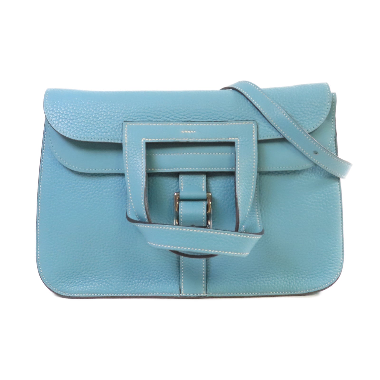 HERMES 【激減優惠】Clemence皮革Halzan 31 2Way Shoulder Bag銀扣手挽肩背兩用袋Bleu Jean牛仔藍色