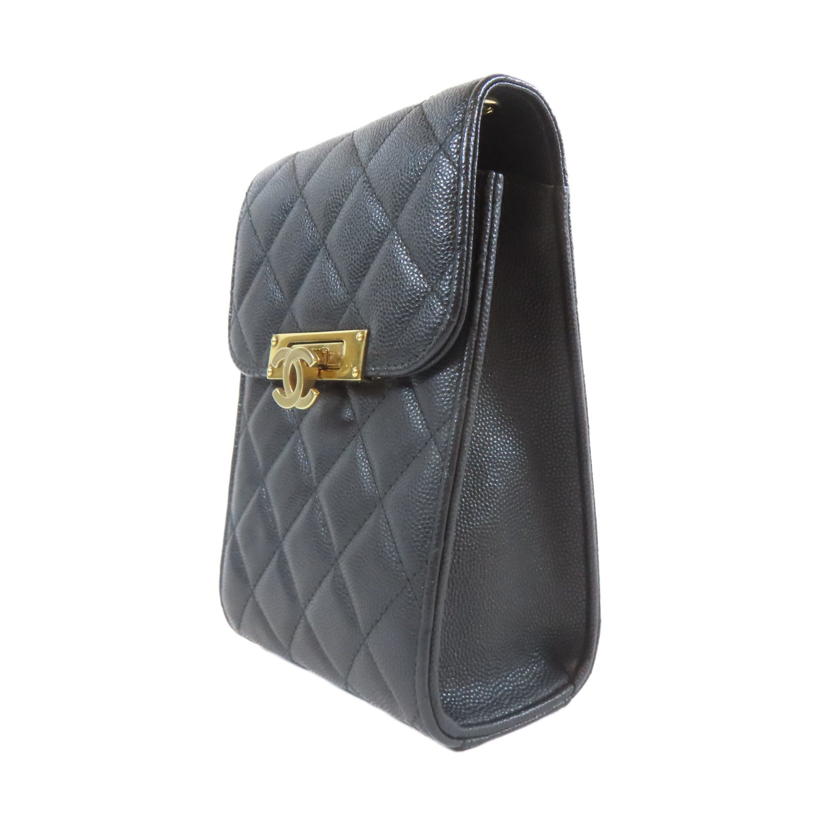 CHANEL 菱格Caviar皮革Chain Shoulder金扣鏈帶肩背袋黑色