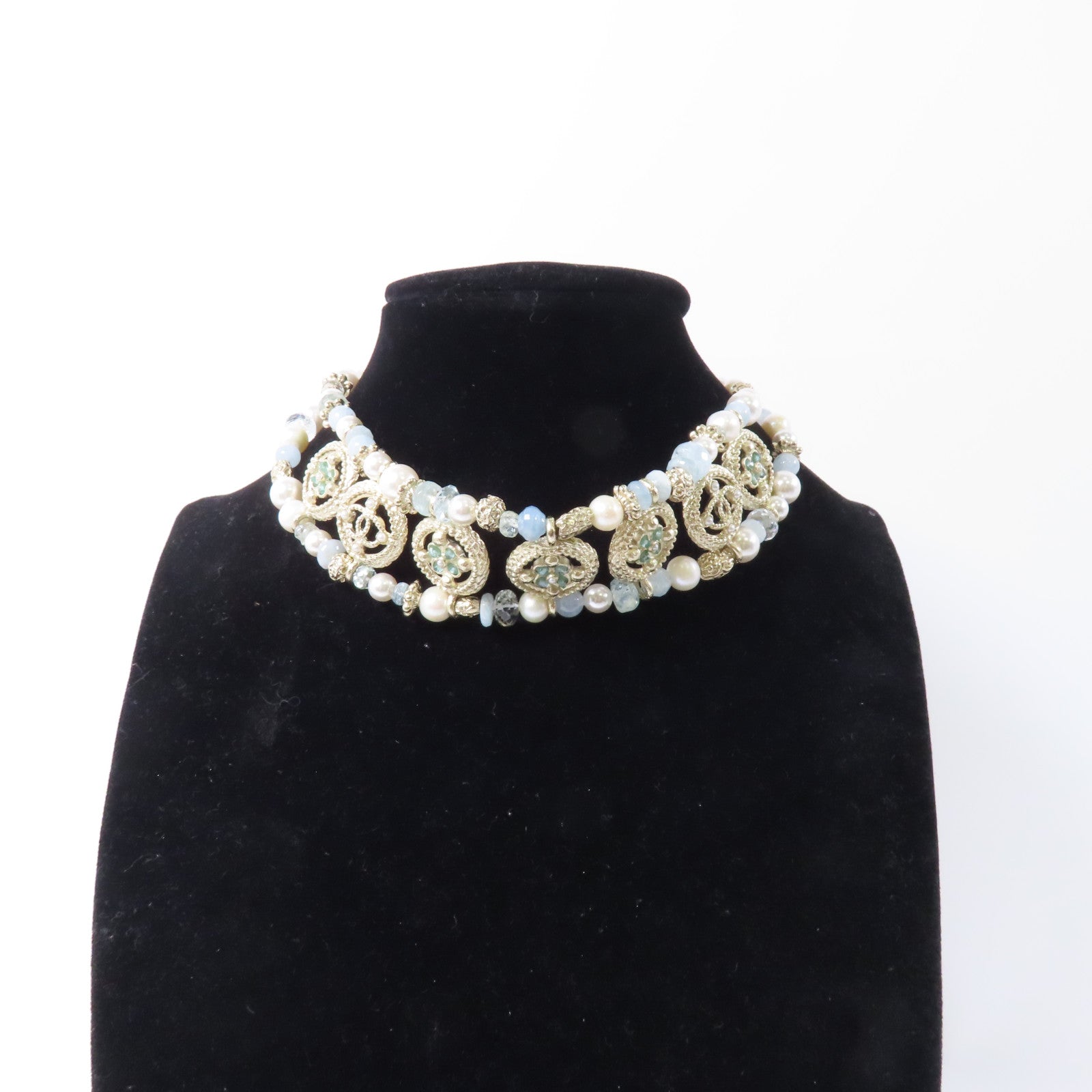 CHANEL 金屬Blue Pearl Choker Necklace項鍊白色/藍色/金色