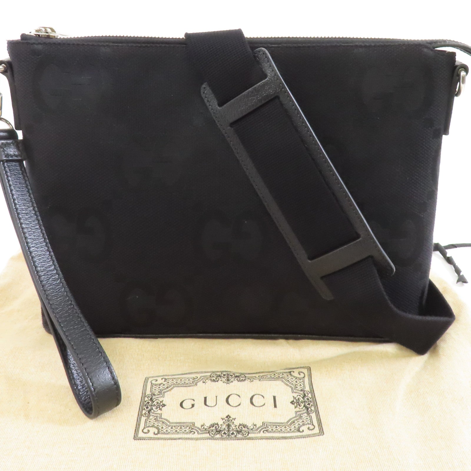 GUCCI 帆布2 Way Shoulder銀扣手挽肩背兩用袋黑色