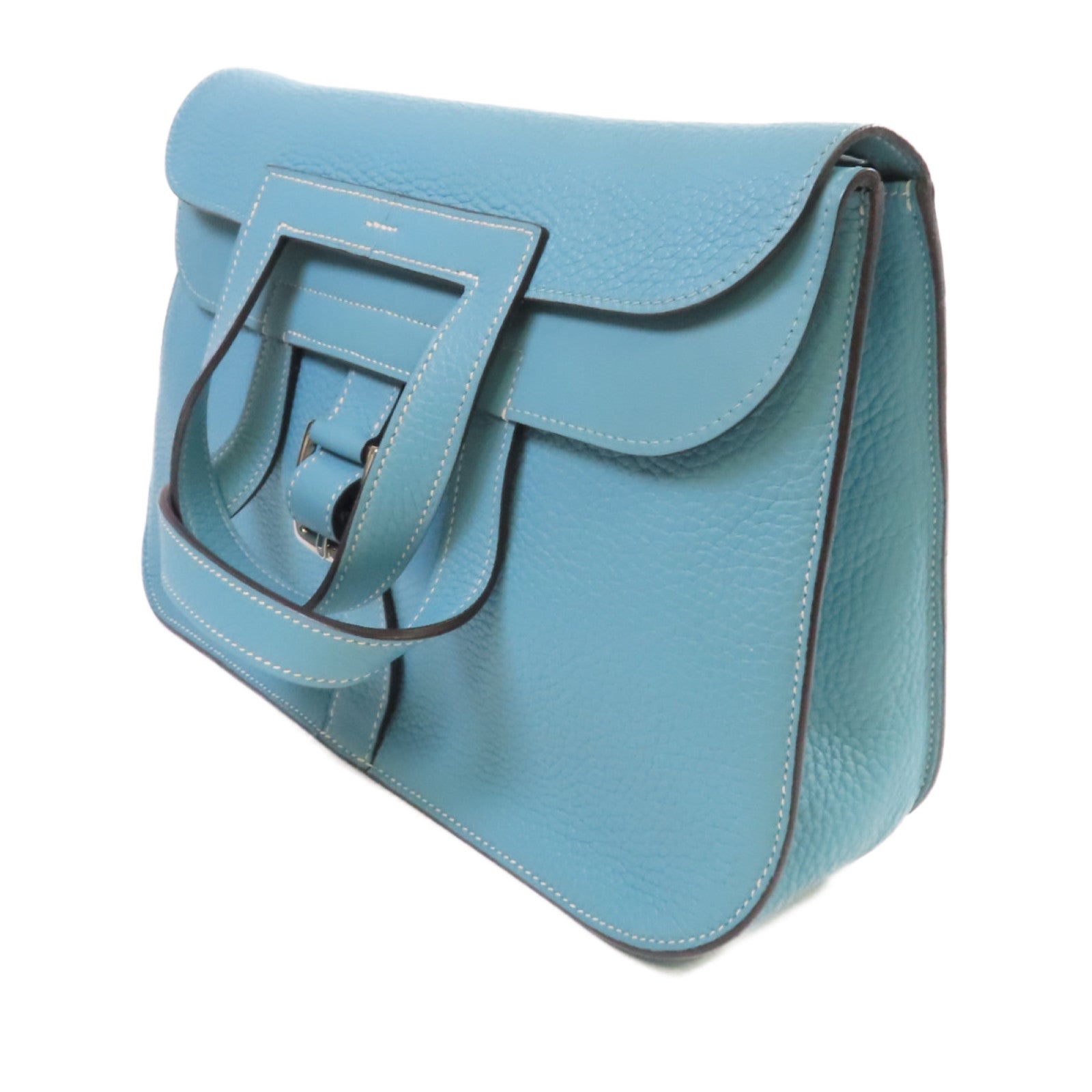 HERMES 【激減優惠】Clemence皮革Halzan 31 2Way Shoulder Bag銀扣手挽肩背兩用袋Bleu Jean牛仔藍色