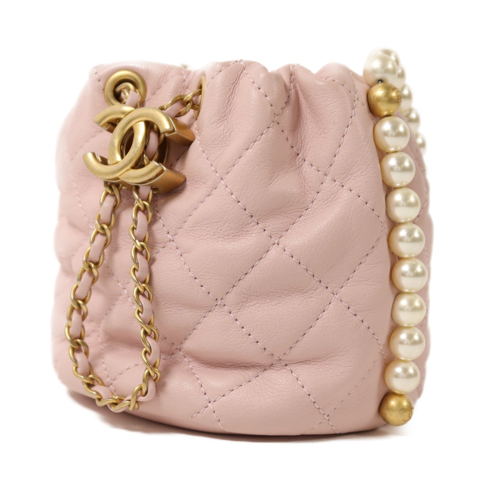 CHANEL 【激減優惠】羊皮皮革Bucket Pearl Bag金扣肩背袋
