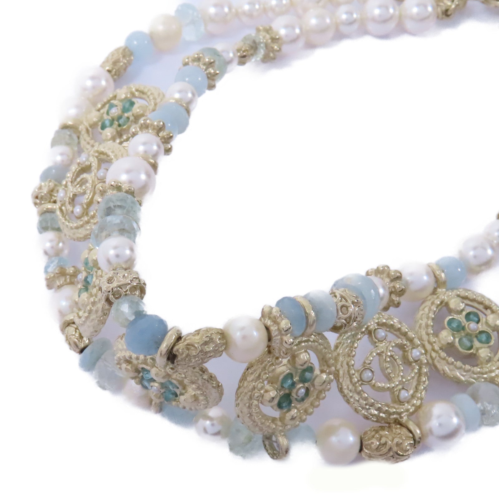 CHANEL 金屬Blue Pearl Choker Necklace項鍊白色/藍色/金色