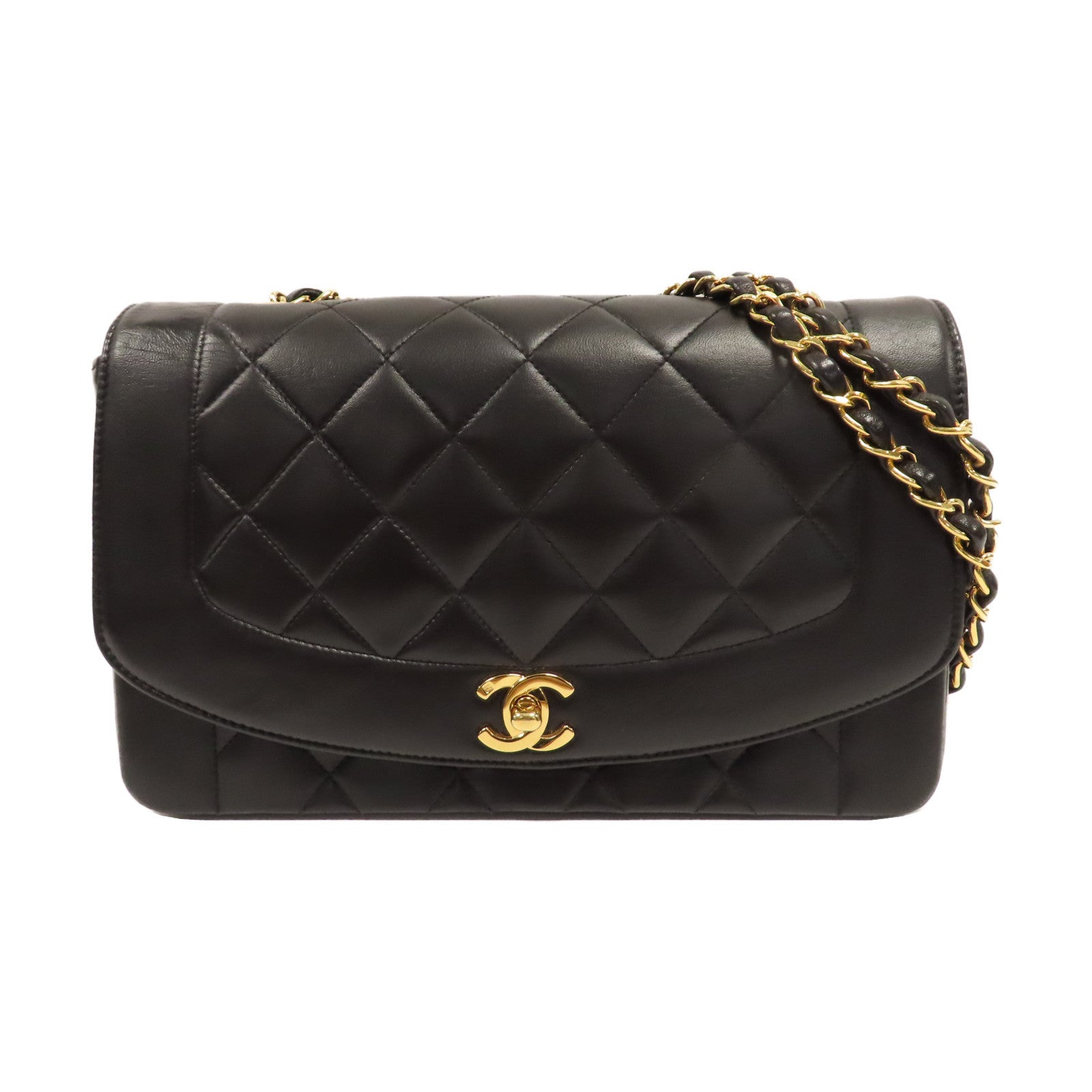 CHANEL 菱格羊皮皮革Matelasse Diana Flap Chain Shoulder金扣鏈帶肩背袋黑色