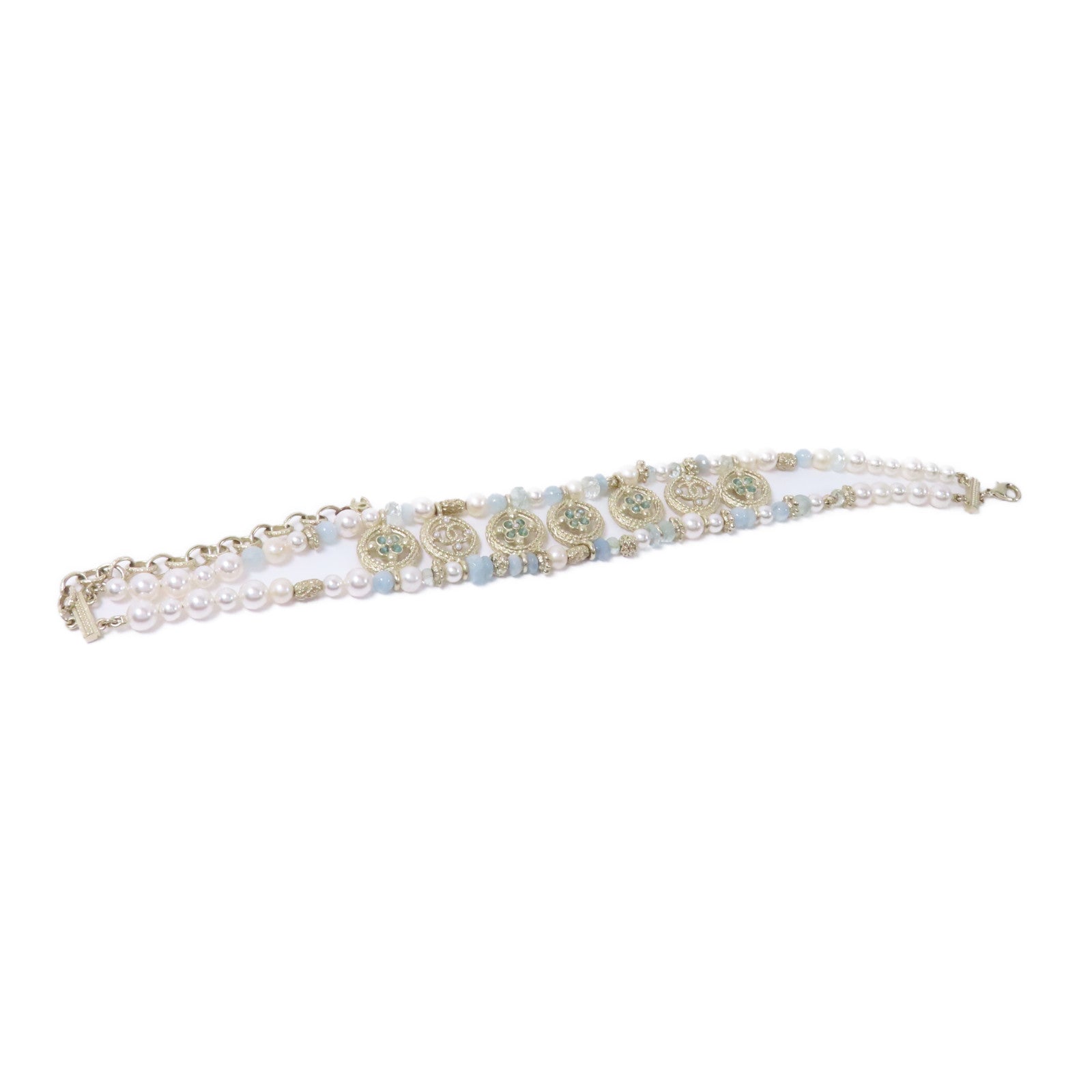 CHANEL 金屬Blue Pearl Choker Necklace項鍊白色/藍色/金色