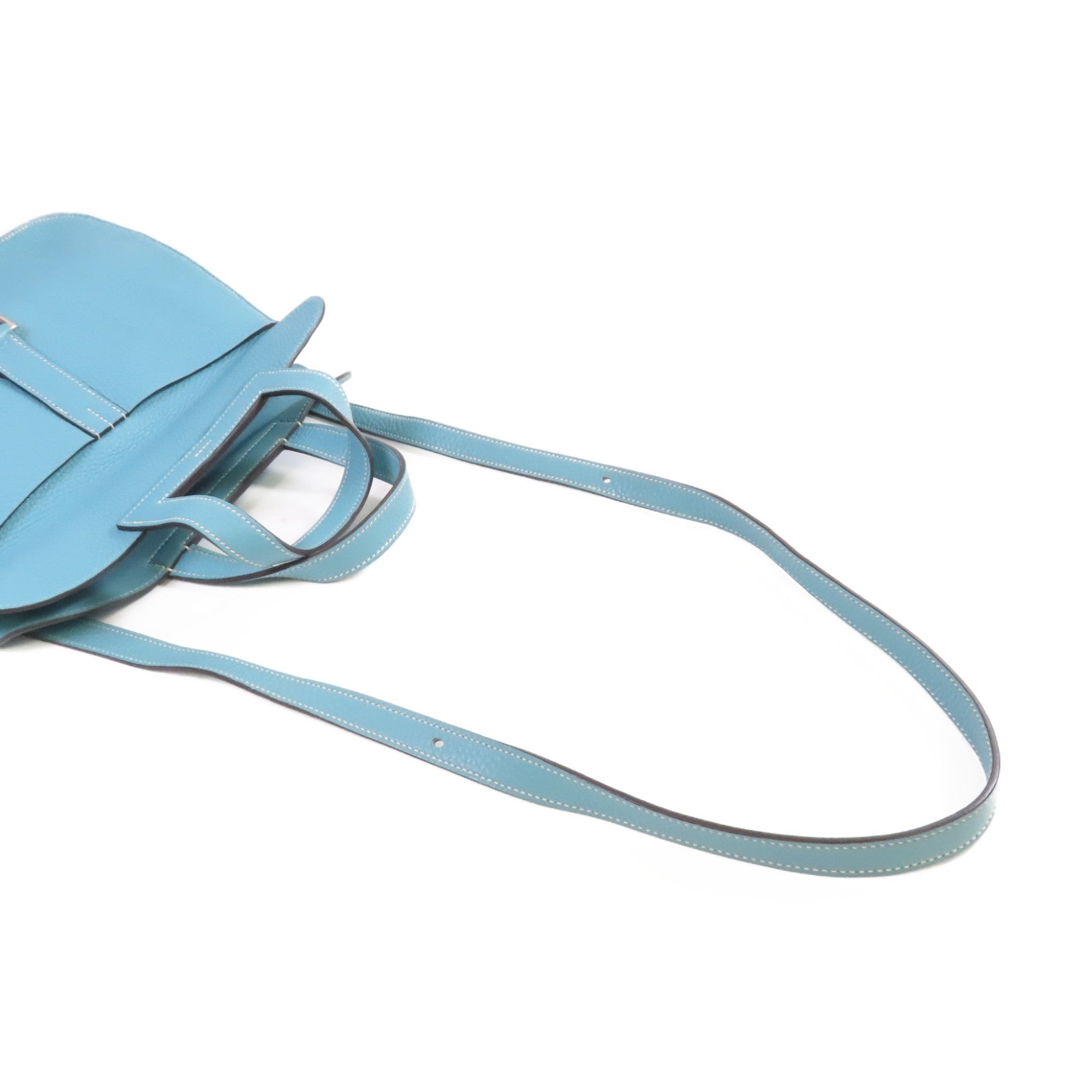 HERMES 【激減優惠】Clemence皮革Halzan 31 2Way Shoulder Bag銀扣手挽肩背兩用袋Bleu Jean牛仔藍色