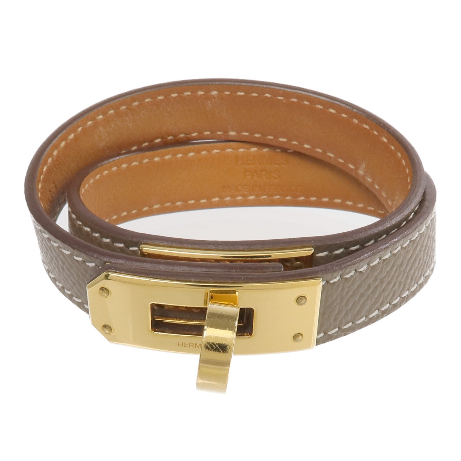 HERMES Epsom皮革Kelly Double Tour Bracelet金扣手帶Etoupe/Gold
