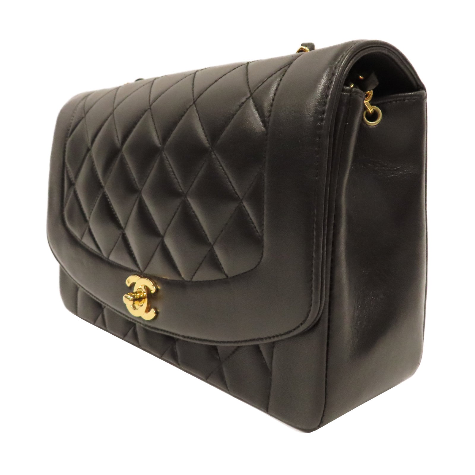 CHANEL 菱格羊皮皮革Matelasse Diana Flap Chain Shoulder金扣鏈帶肩背袋黑色