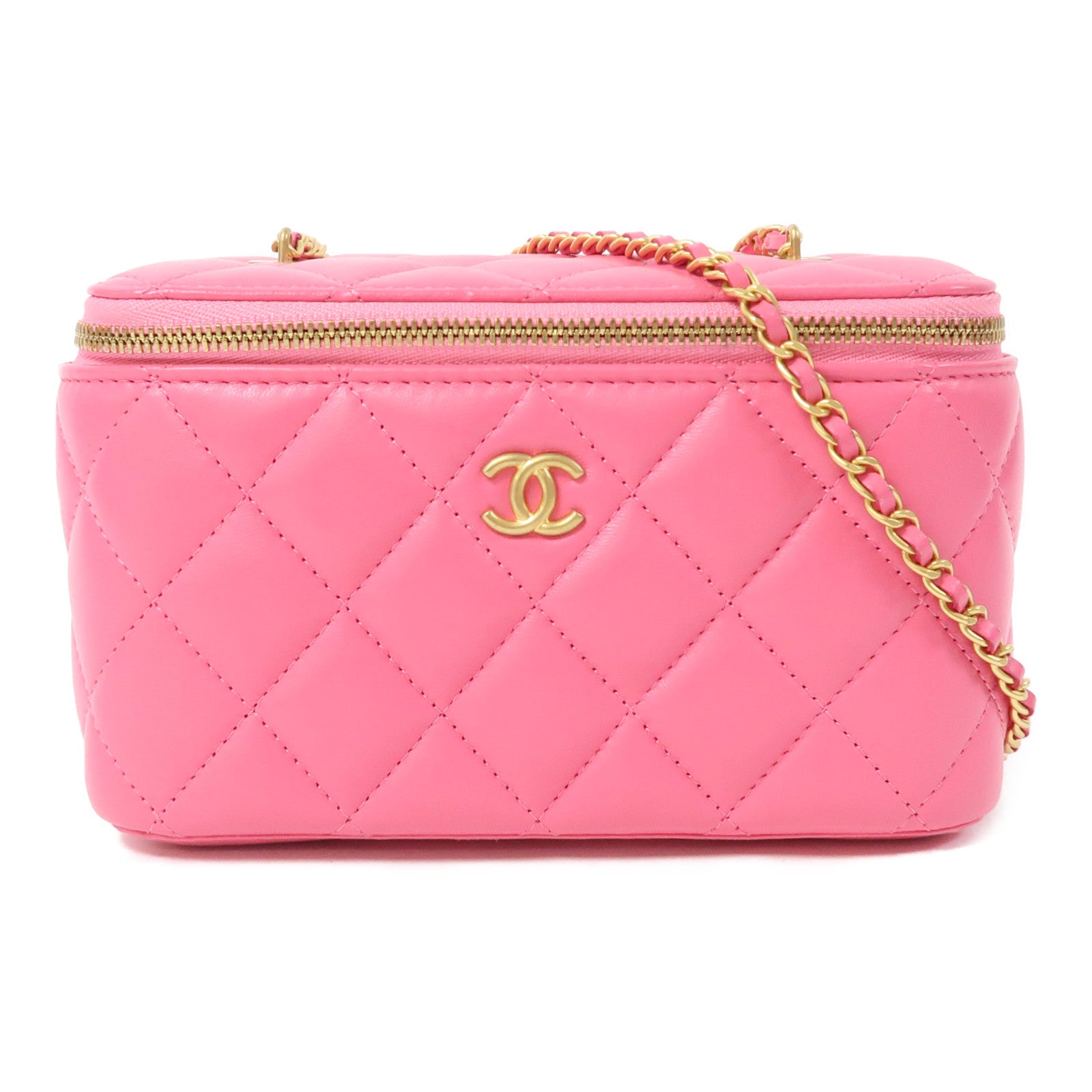CHANEL 【激減優惠】菱格羊皮皮革Chanel Box Bag金扣鏈帶肩背袋粉紅色