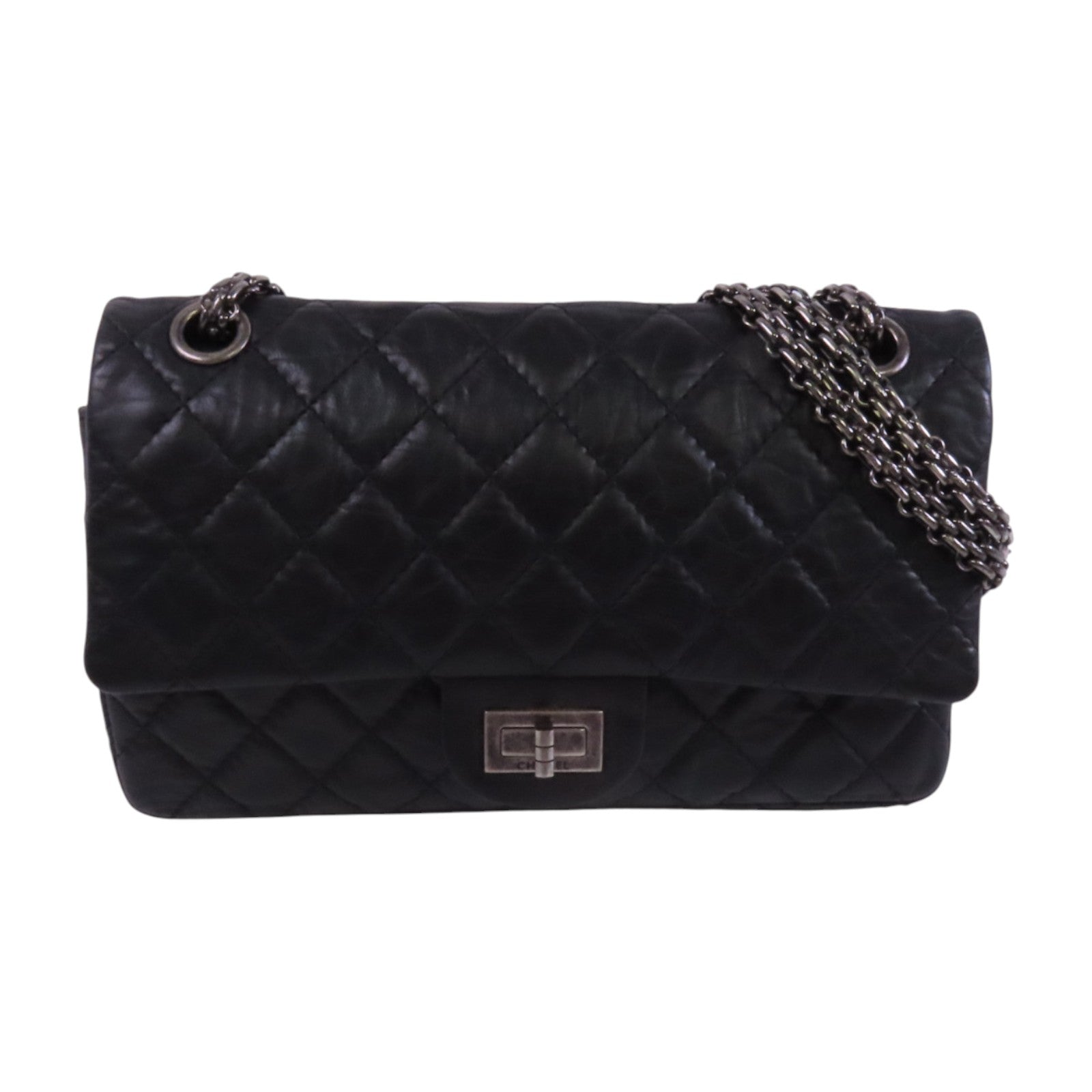 CHANEL 牛皮皮革2.55 24cm銀扣鏈帶肩背袋