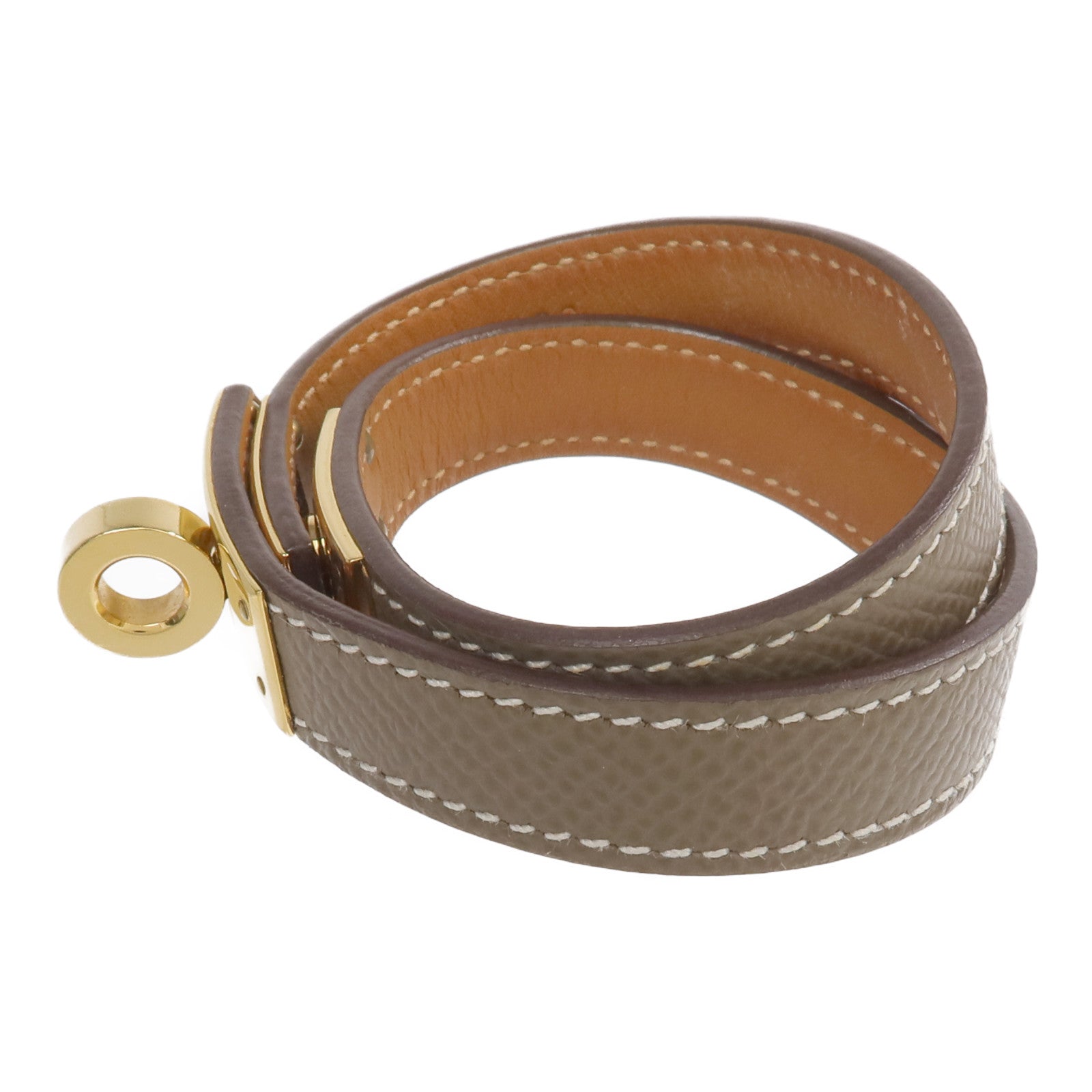 HERMES Epsom皮革Kelly Double Tour Bracelet金扣手帶Etoupe/Gold
