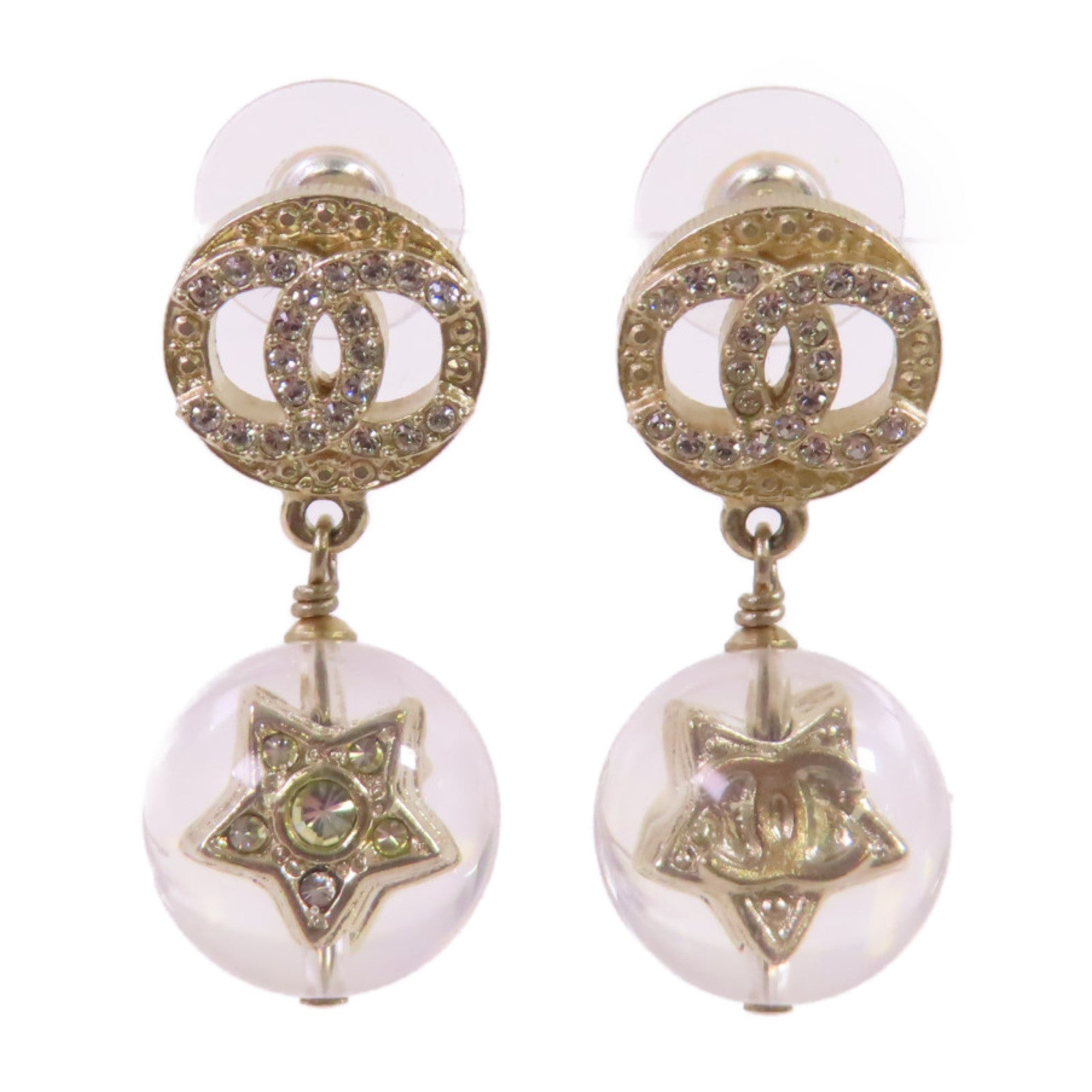 CHANEL【激減優惠】 金屬水鑽/PVC CC Earrings金扣耳環金色