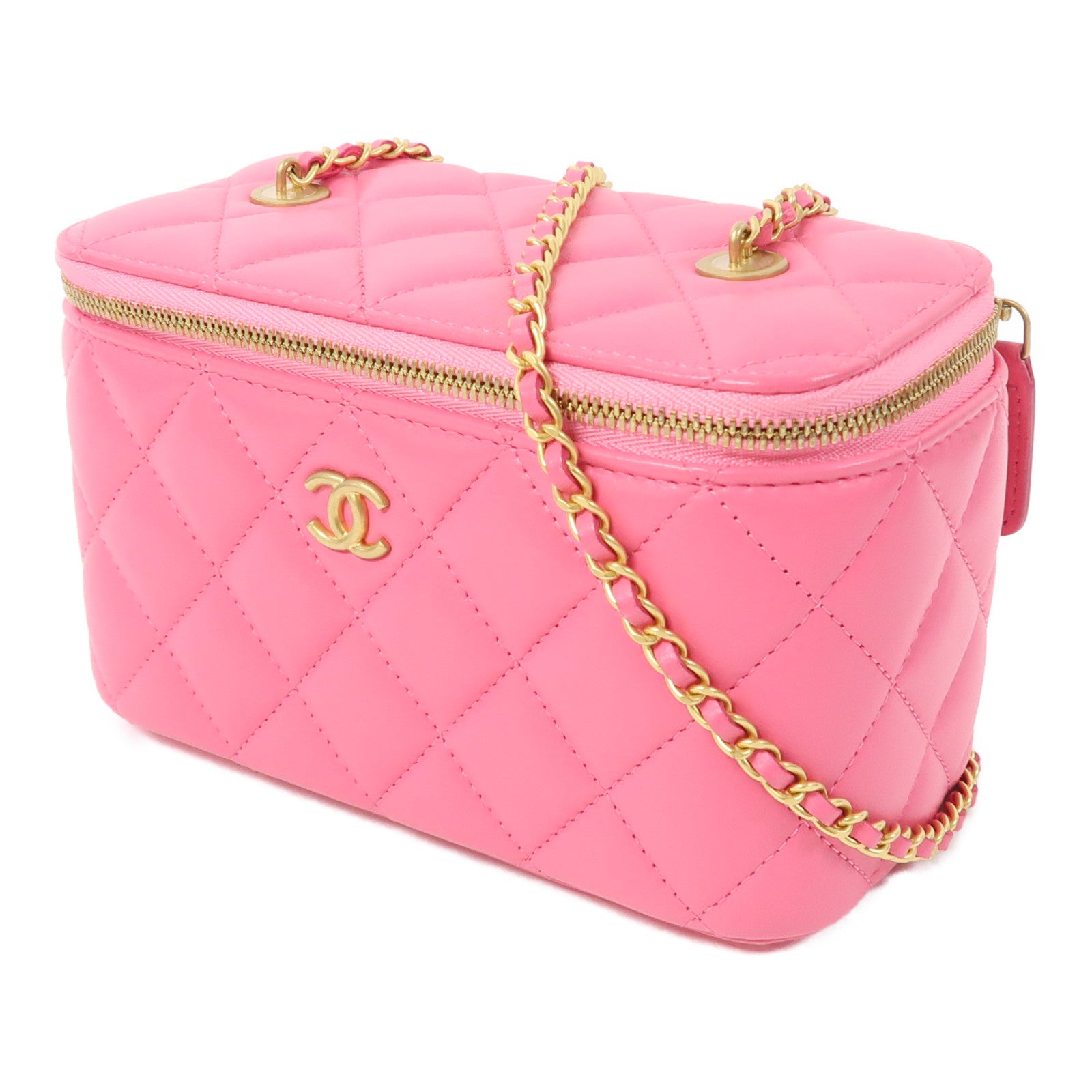 CHANEL 【激減優惠】菱格羊皮皮革Chanel Box Bag金扣鏈帶肩背袋粉紅色