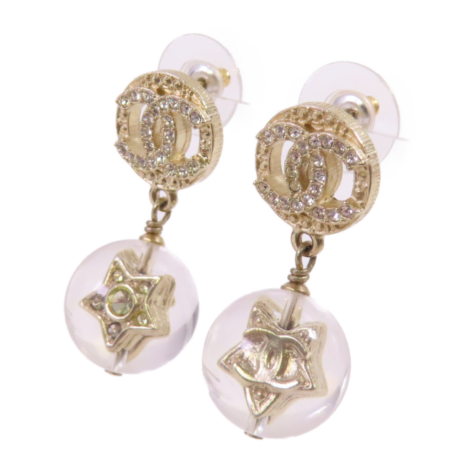 CHANEL【激減優惠】 金屬水鑽/PVC CC Earrings金扣耳環金色