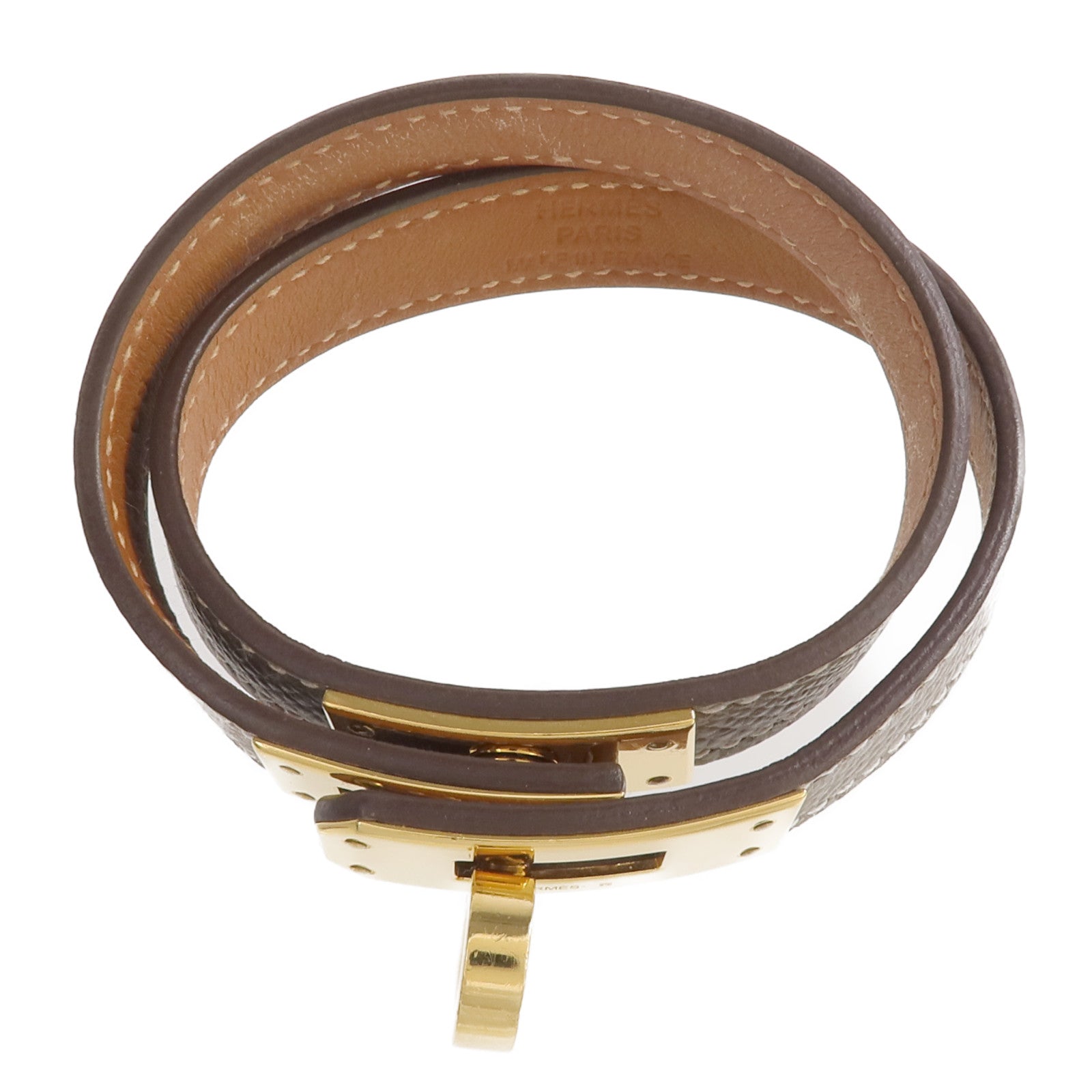 HERMES Epsom皮革Kelly Double Tour Bracelet金扣手帶Etoupe/Gold