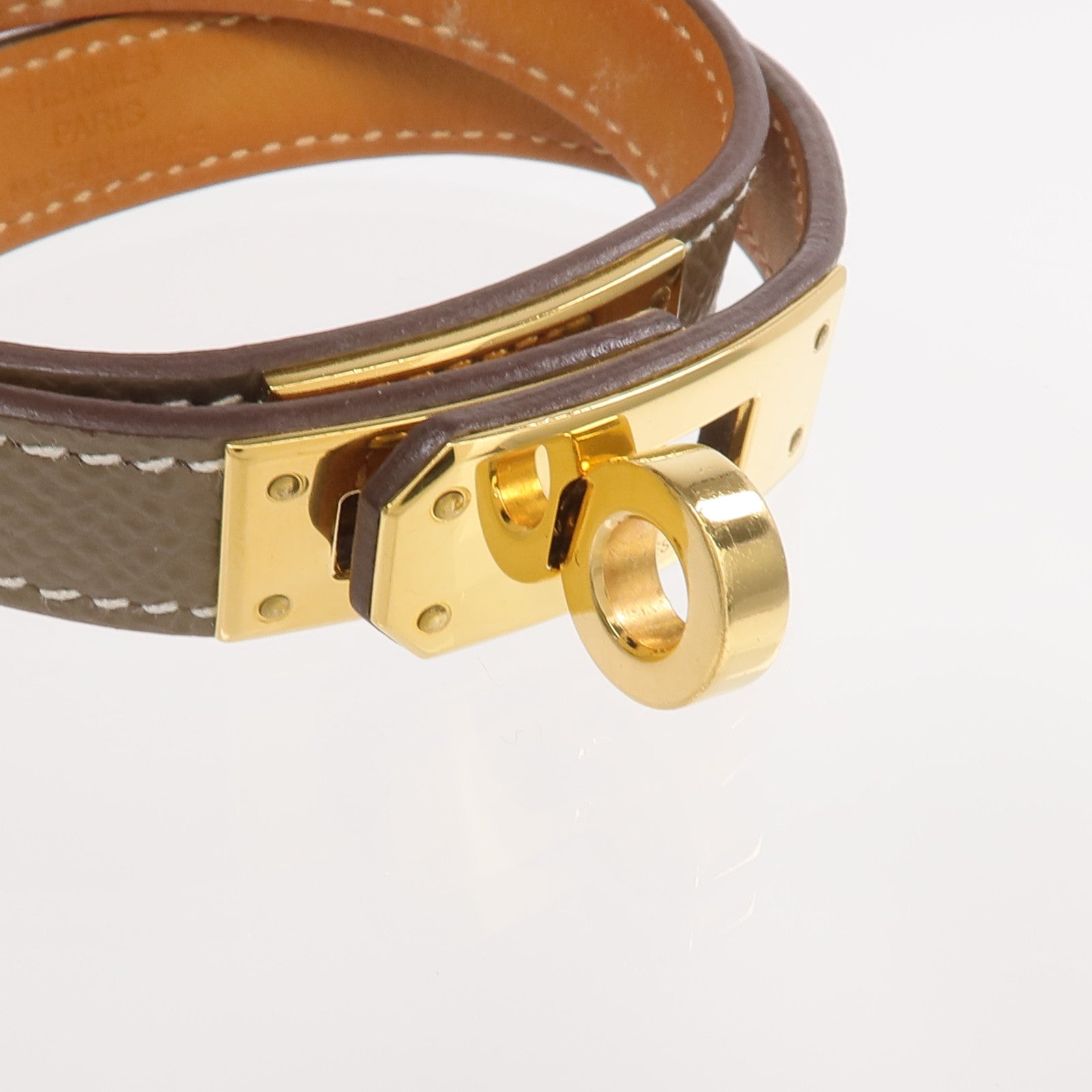 HERMES Epsom皮革Kelly Double Tour Bracelet金扣手帶Etoupe/Gold