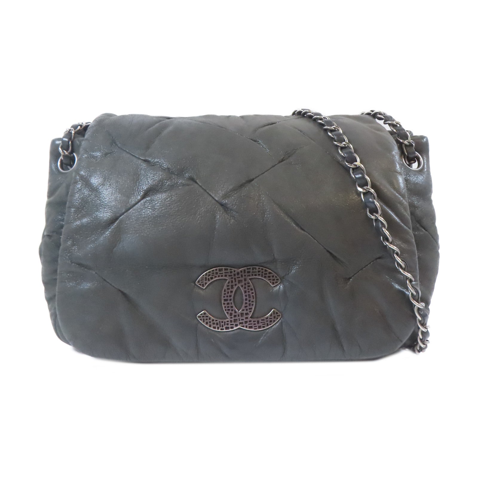 CHANEL 羊皮皮革Chain Shoulder Bag銀扣鏈帶肩背袋灰色
