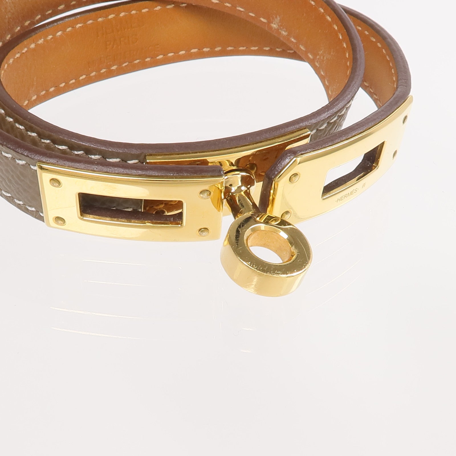 HERMES Epsom皮革Kelly Double Tour Bracelet金扣手帶Etoupe/Gold