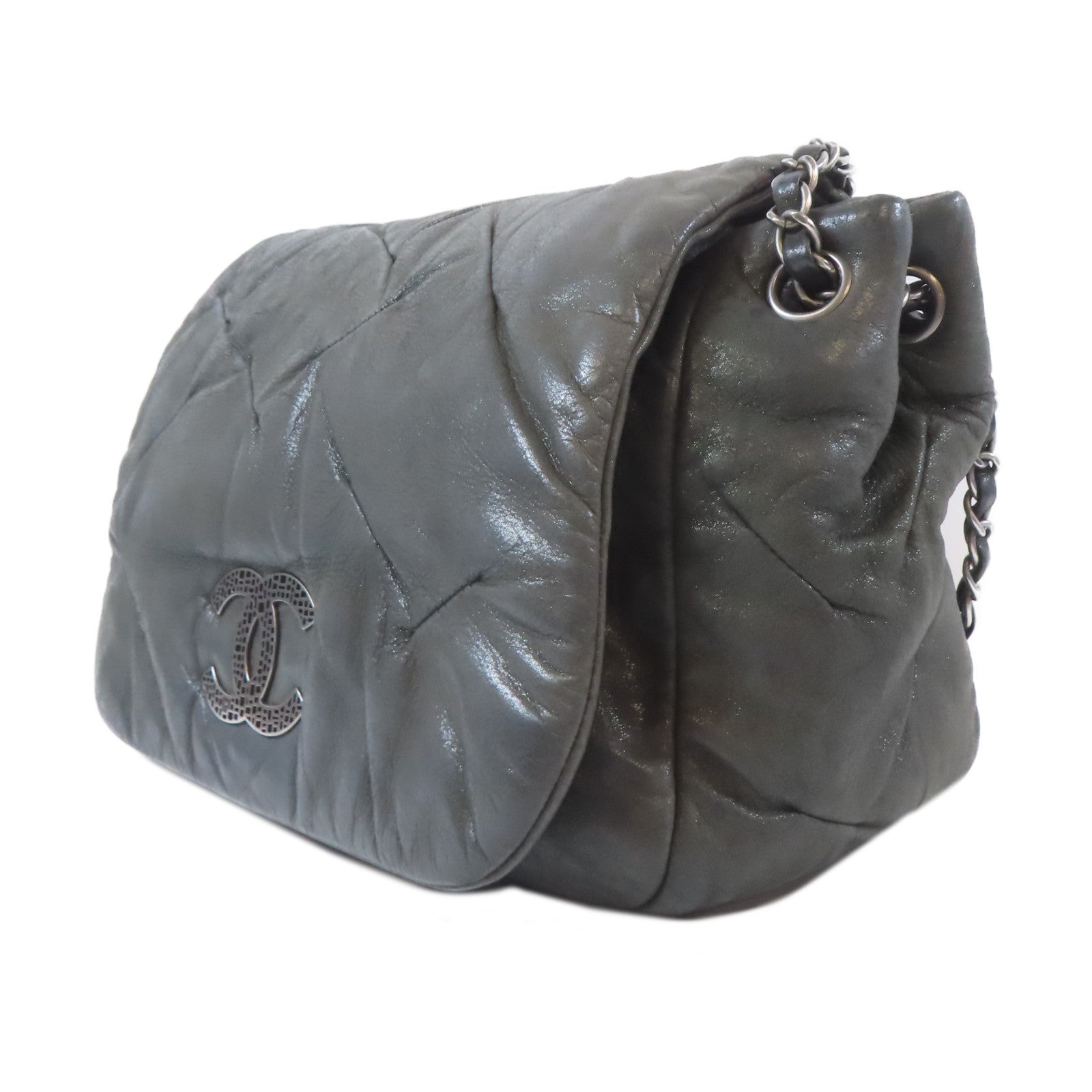 CHANEL 羊皮皮革Chain Shoulder Bag銀扣鏈帶肩背袋灰色