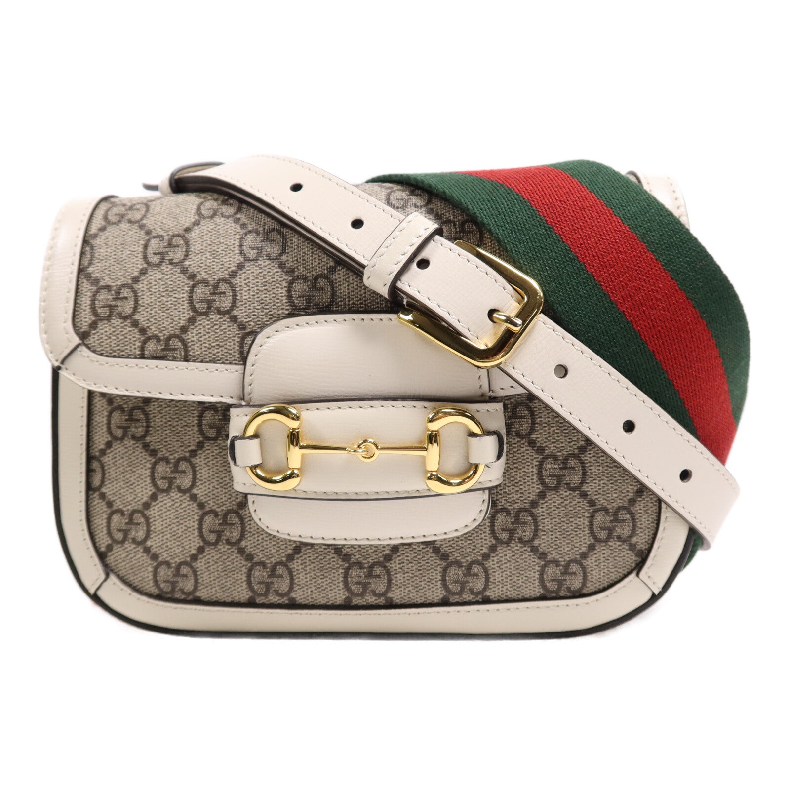 GUCCI 塗層帆布/牛皮皮革Horsebit 1955金扣肩背袋