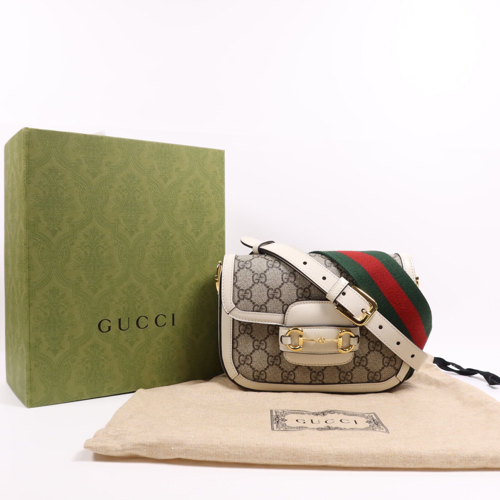 GUCCI 塗層帆布/牛皮皮革Horsebit 1955金扣肩背袋