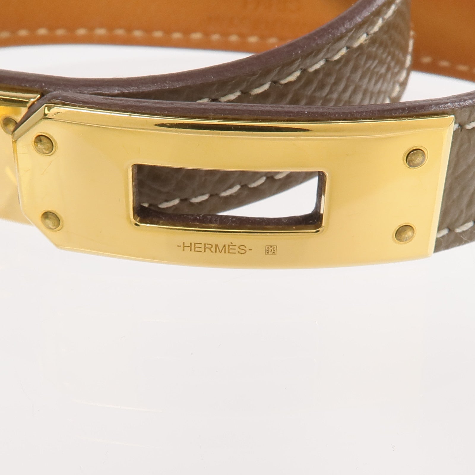 HERMES Epsom皮革Kelly Double Tour Bracelet金扣手帶Etoupe/Gold