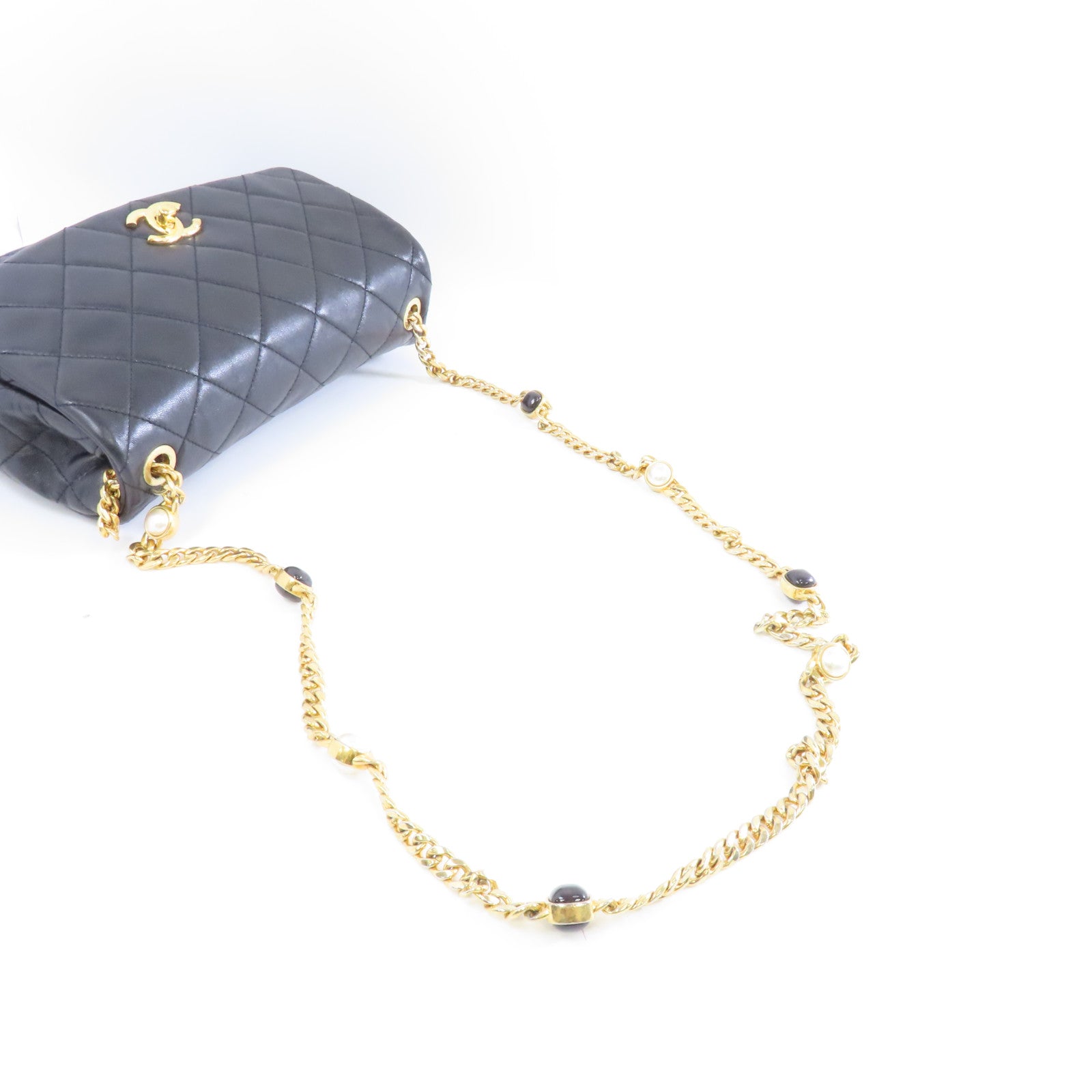 CHANEL 【激減優惠】菱格羊皮皮革Resin Pearl Flap金扣鏈帶肩背袋黑色