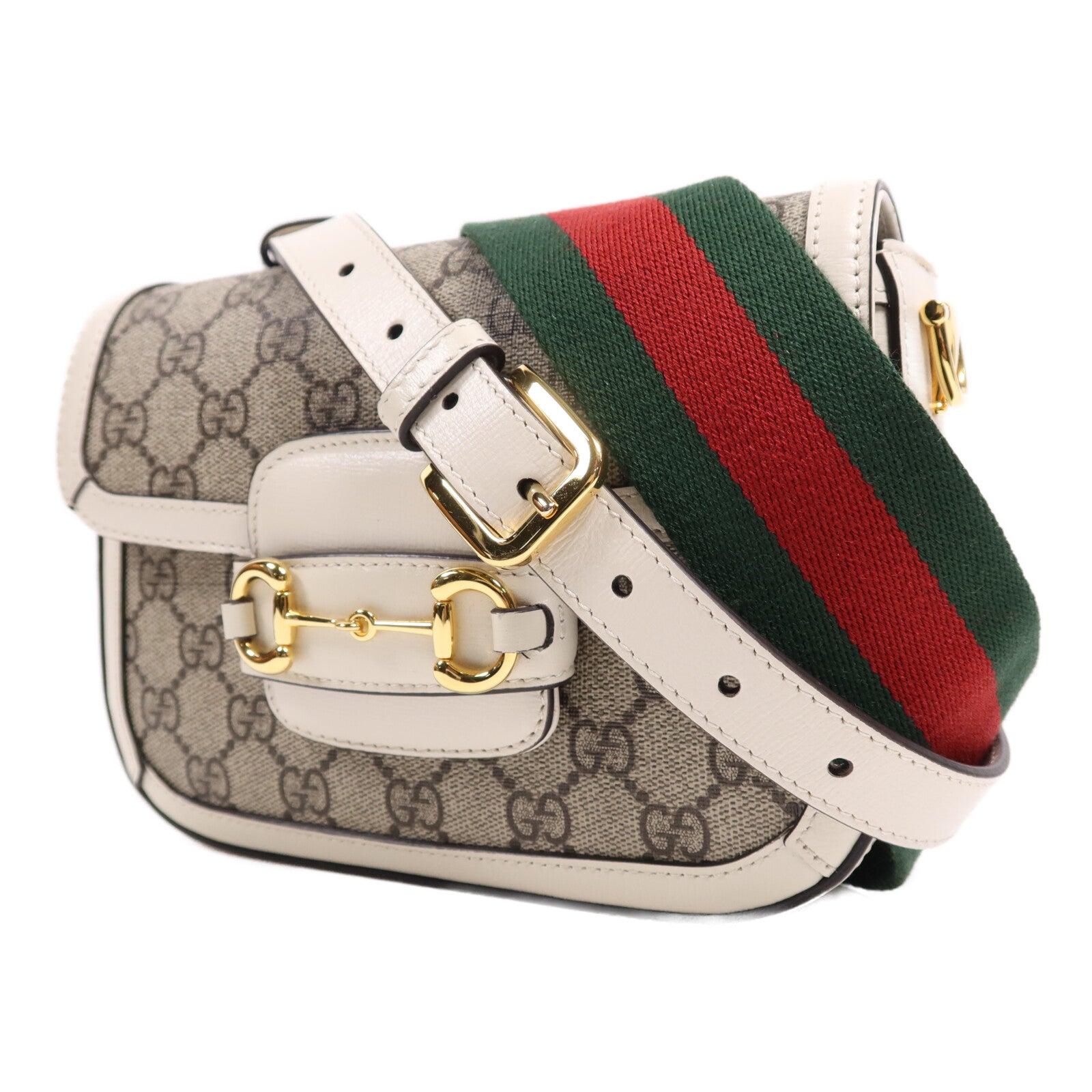 GUCCI 塗層帆布/牛皮皮革Horsebit 1955金扣肩背袋