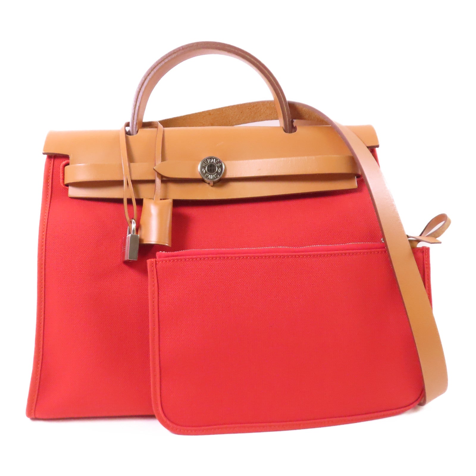 HERMES 帆布/皮革Herbag PM銀扣手挽肩背兩用袋Rouge Tomate