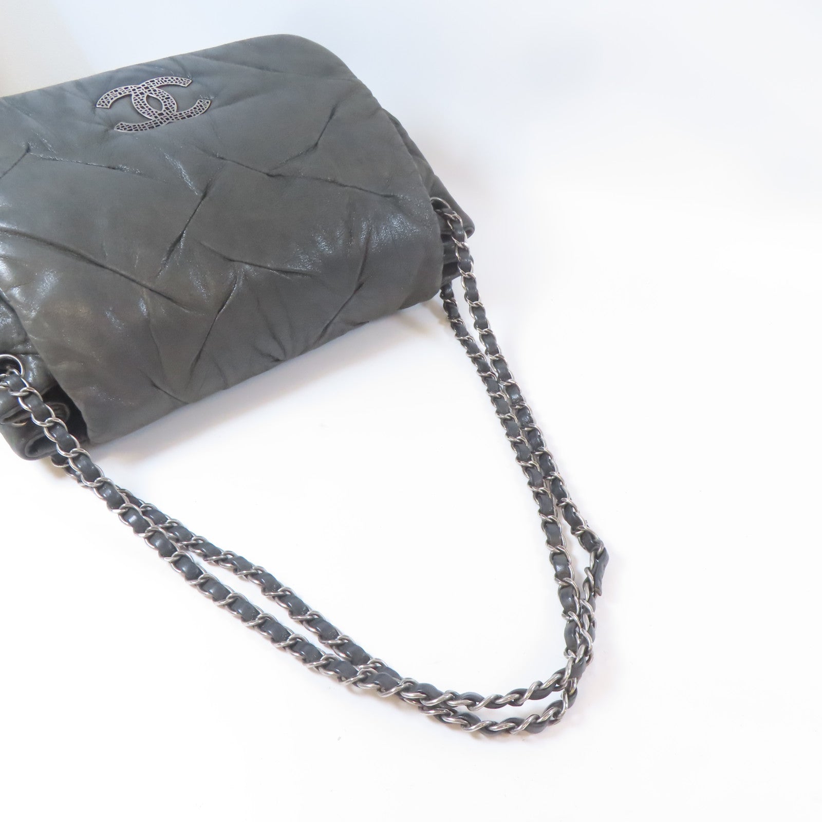 CHANEL 羊皮皮革Chain Shoulder Bag銀扣鏈帶肩背袋灰色