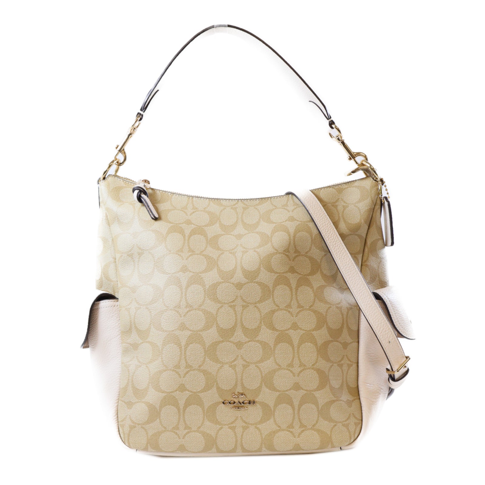 COACH 塗層帆布Pennie Shoulder Bag金扣手挽肩背兩用袋棕色/米色