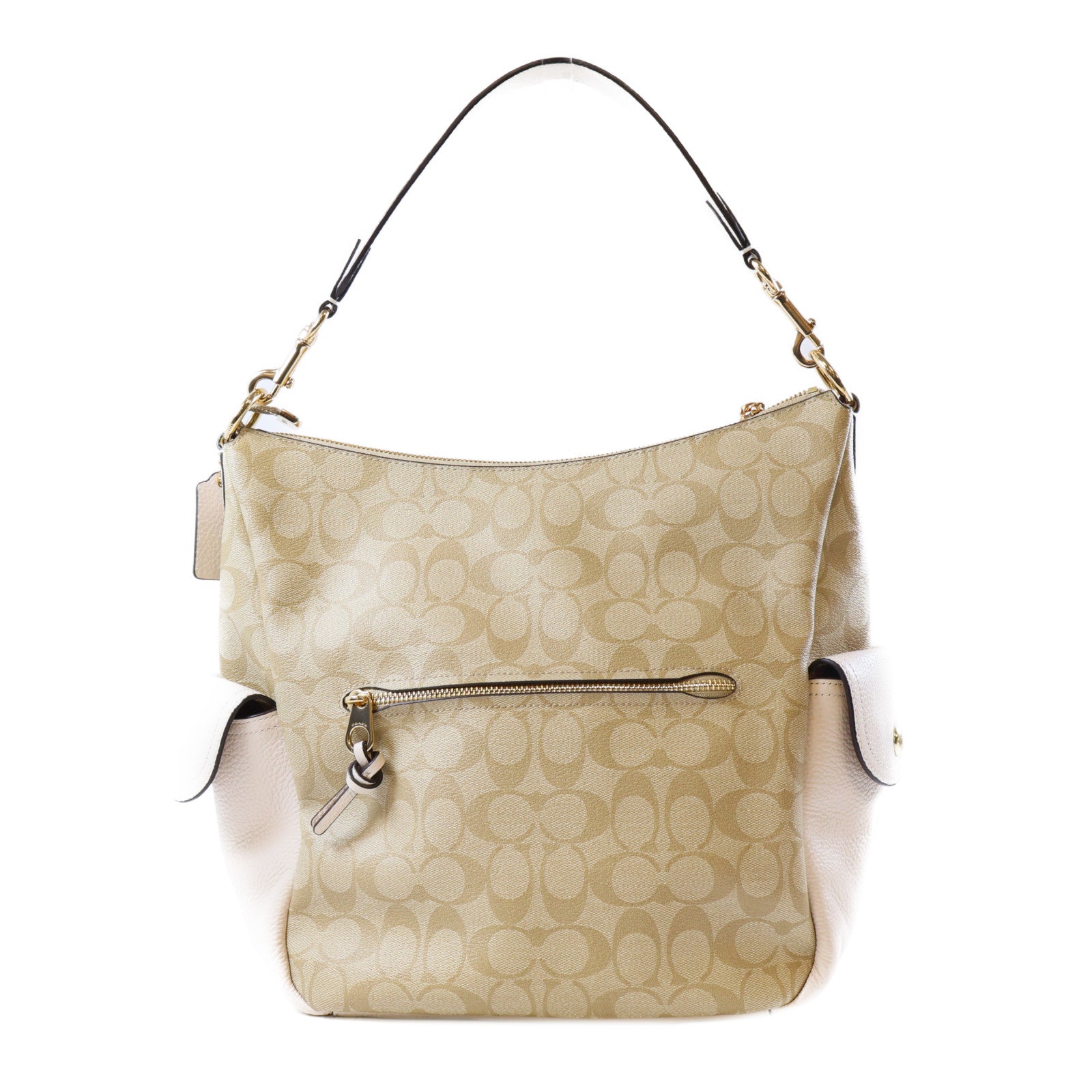 COACH 塗層帆布Pennie Shoulder Bag金扣手挽肩背兩用袋棕色/米色