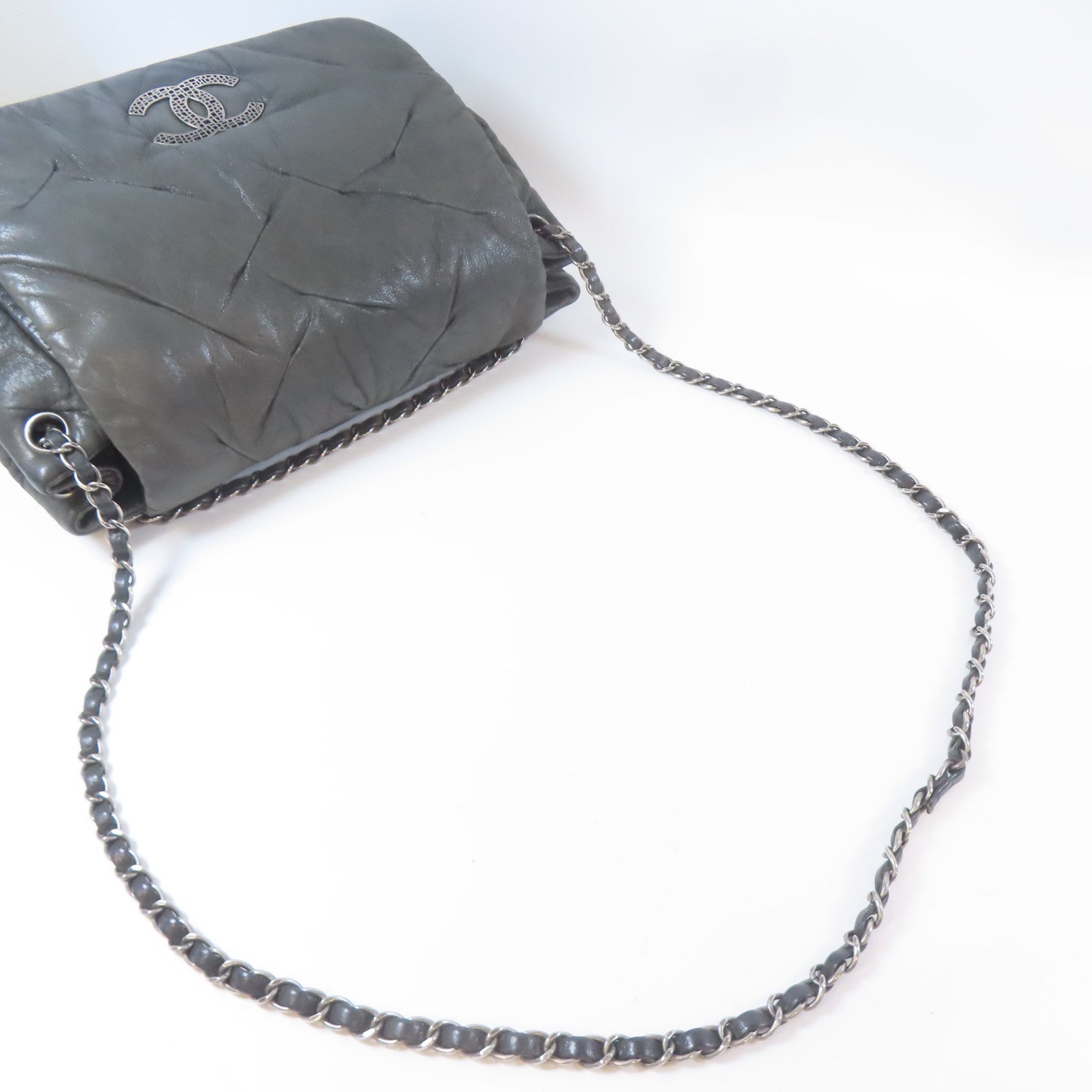 CHANEL 羊皮皮革Chain Shoulder Bag銀扣鏈帶肩背袋灰色