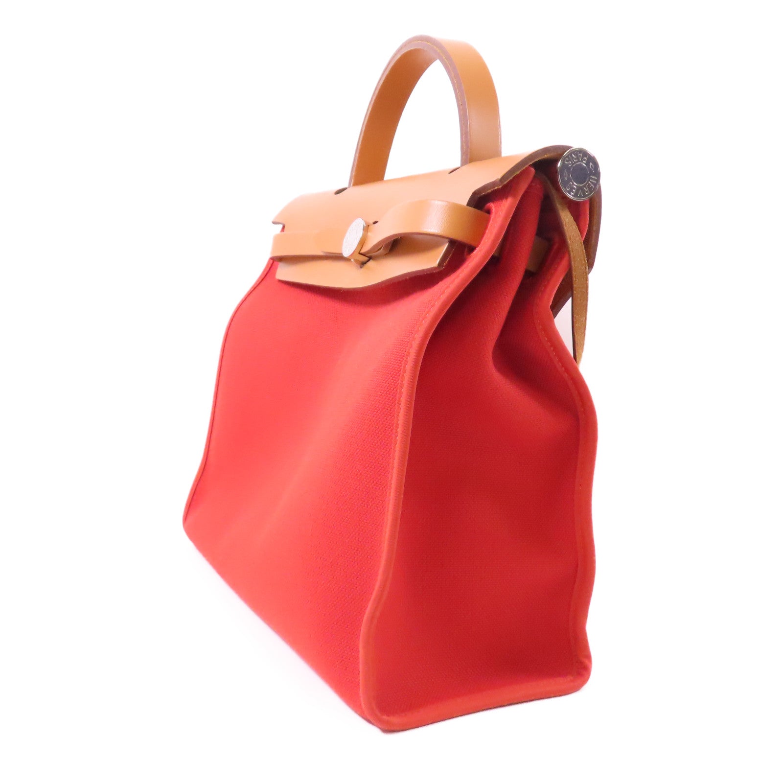 HERMES 帆布/皮革Herbag PM銀扣手挽肩背兩用袋Rouge Tomate