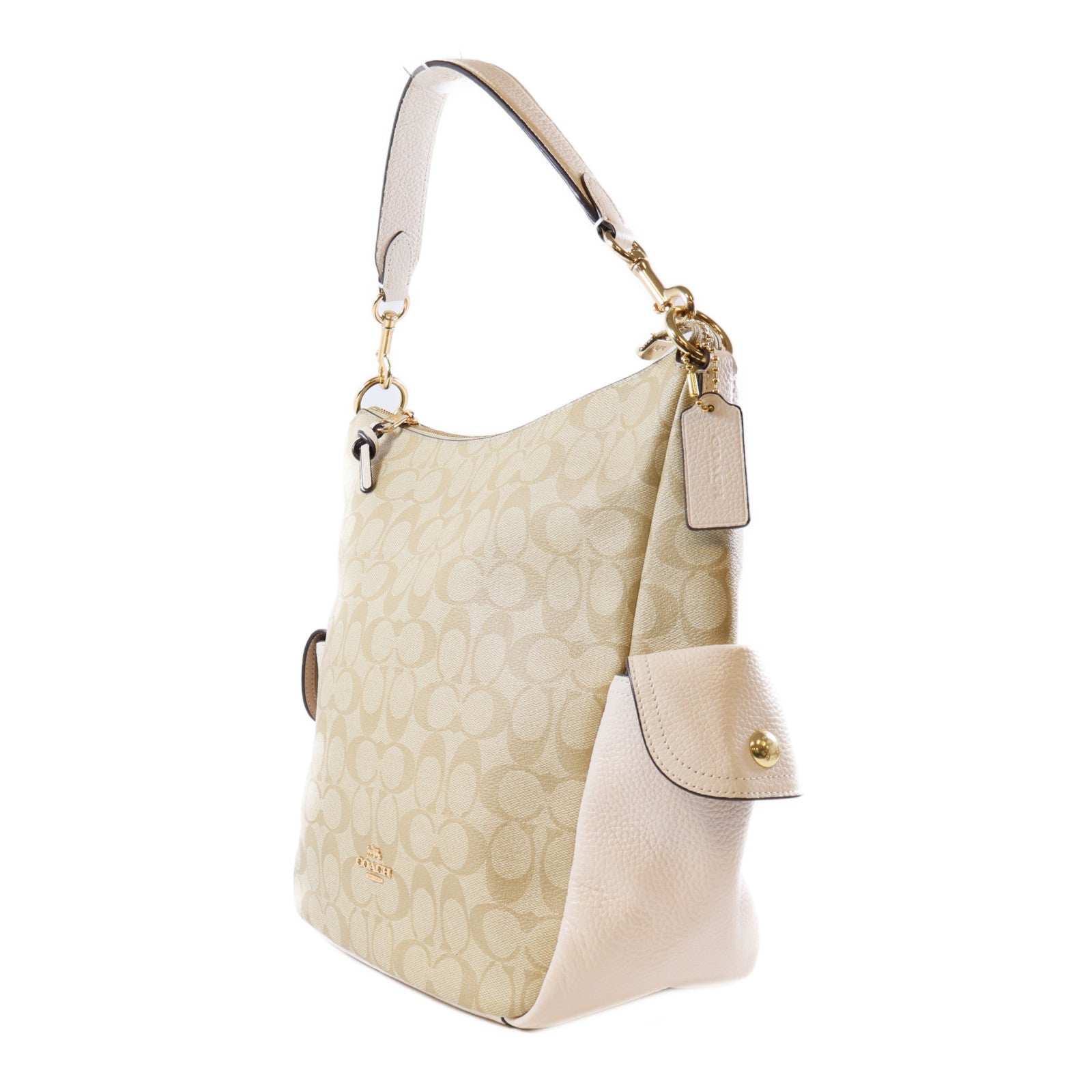 COACH 塗層帆布Pennie Shoulder Bag金扣手挽肩背兩用袋棕色/米色