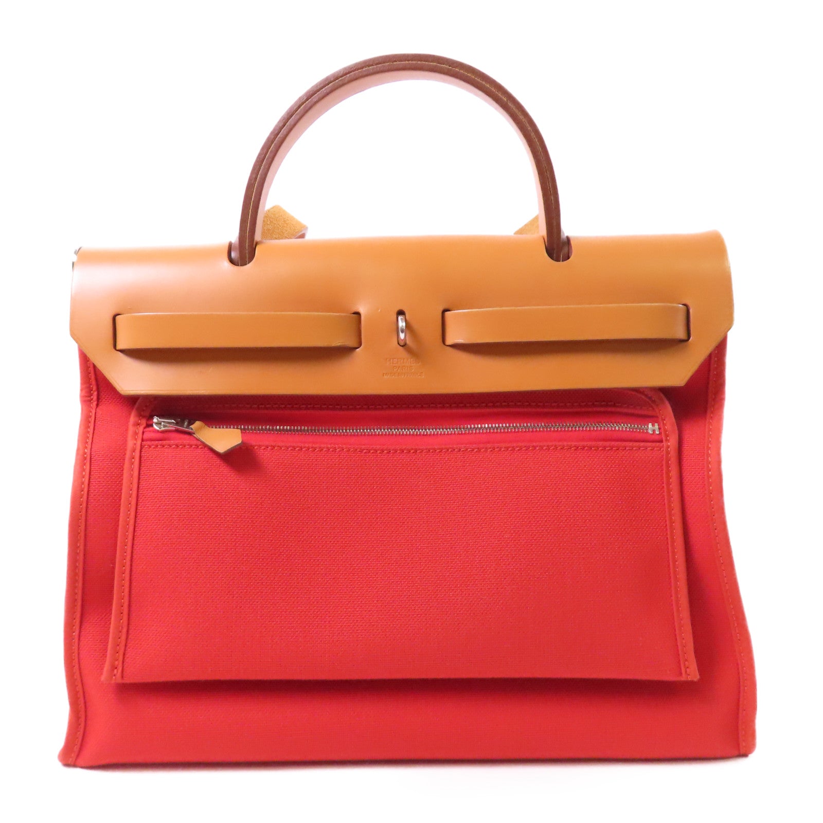 HERMES 帆布/皮革Herbag PM銀扣手挽肩背兩用袋Rouge Tomate