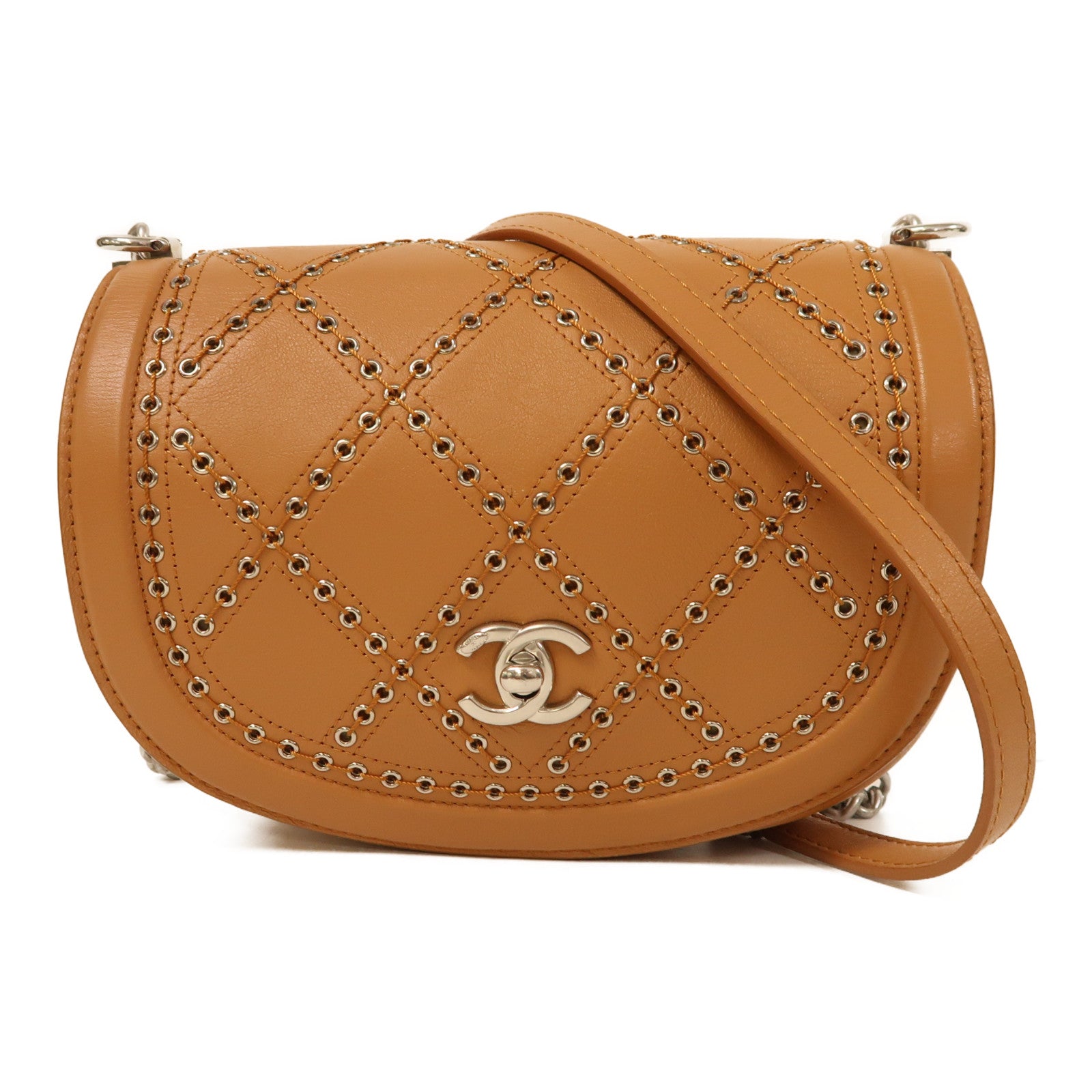 CHANEL【激減優惠】 牛皮皮革Chain Shoulder銀扣肩背袋棕色