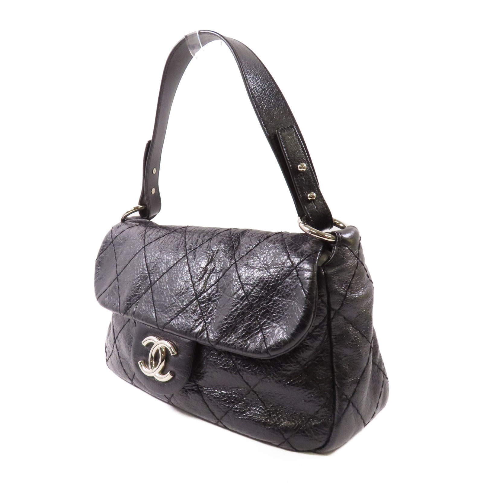 CHANEL 牛皮皮革Shoulder Bag銀扣肩背袋黑色