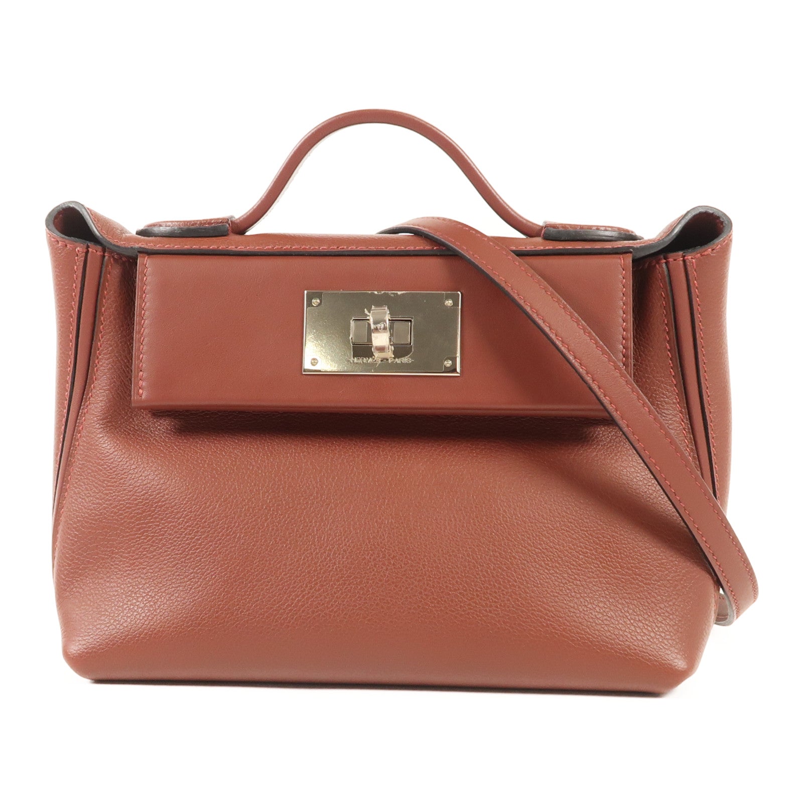HERMES Evercolor皮革24/24 Mini銀扣手挽肩背兩用袋Rougeh